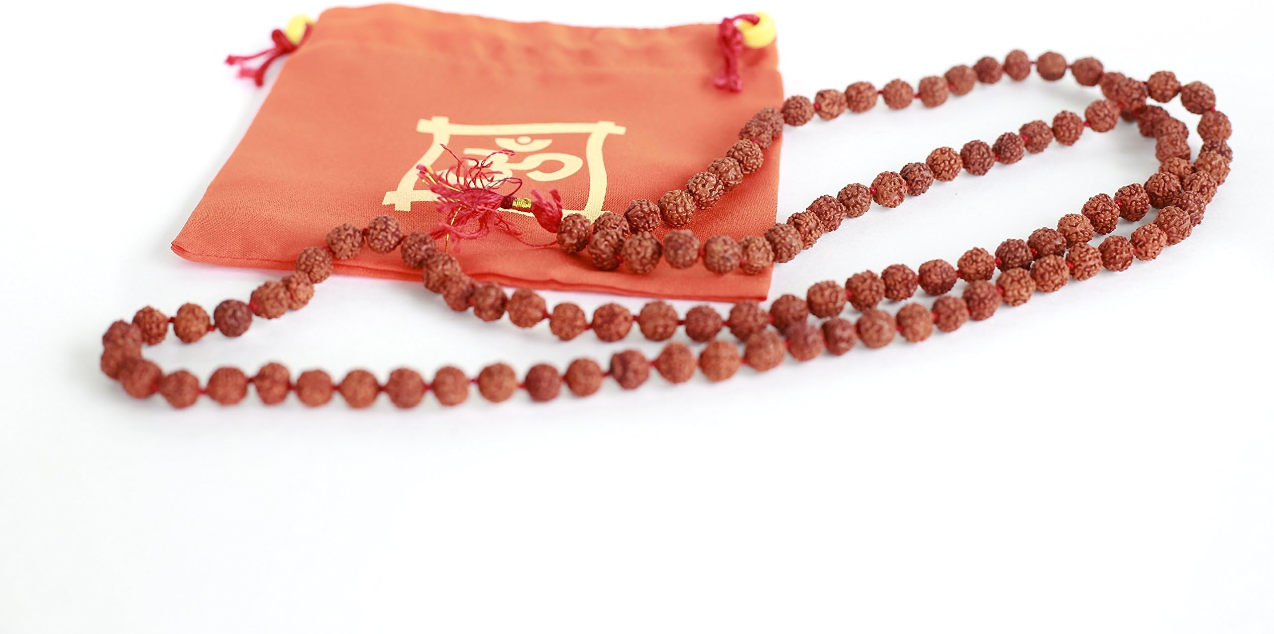 Rudraksha Mala- 108 Beads + Guru Bead (8mm) with Saffron Orange Cloth Aum Pouch