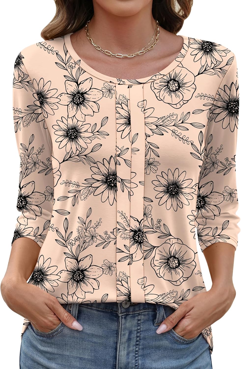 LOMON 3/4 Length Sleeve Womens Tops Casual Crewneck Spring Summer Pleated Tunic Tops Beach Vacation T Shirts