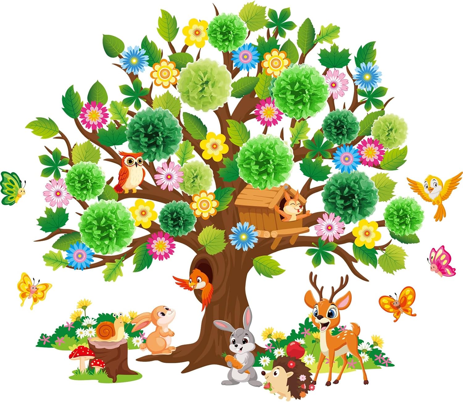 Pajean 126 Pieces Classroom Tree Bulletin Board Set Spring Tree Bulletin Board Decoration with Paper Pom Poms 3D Flowers Leaves Butterfly Cutouts for School Classroom Home Wall Chalkboard Decor