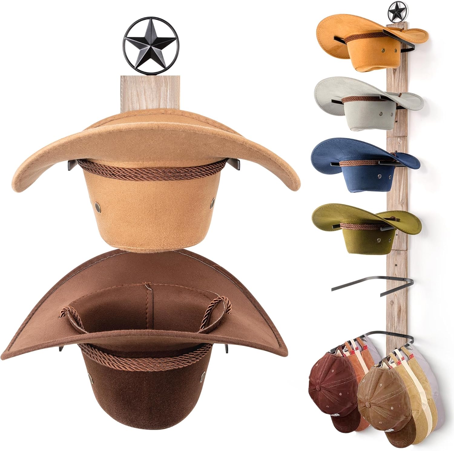 Cowboy Hat Rack Holder for Wall: 6 Pack Cowboy Hat Rack for Wall Mount, Metal Wild Western Style Design Hat Organizer Storage Cowboy Hats Hanger Hooks for Fedora, Sun Hats, Wide Brim