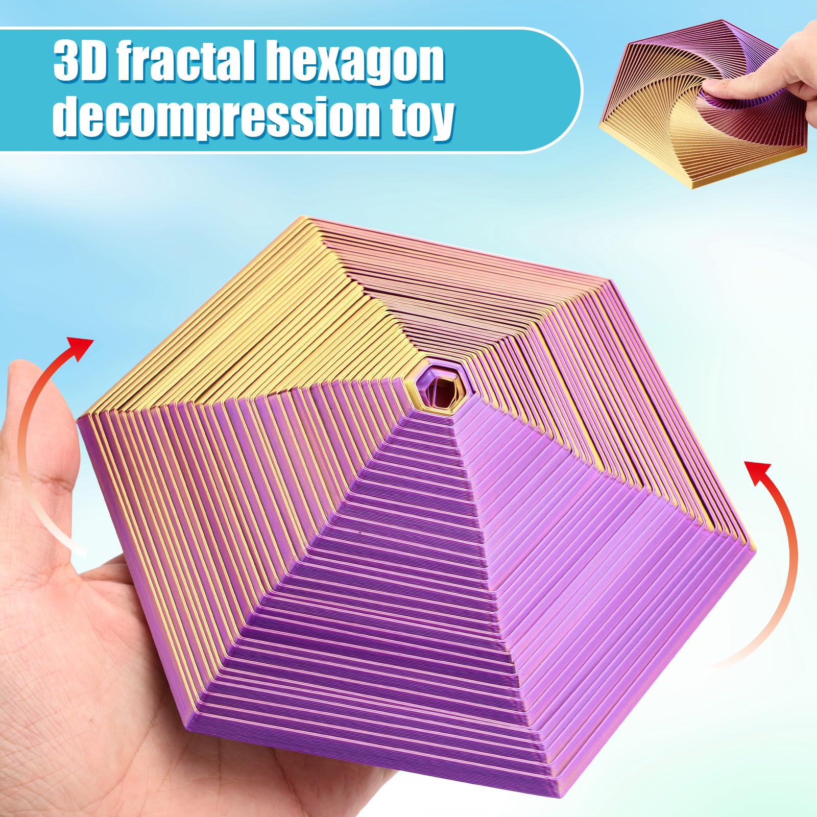 Fractal Fidget Hexagon, Drukowana w 3D Zabawka Hexagon Fidget Plastic Fidget Hexagon Cube Funny Hexagon Distortion Desk Toys for Stress Aleviation (Fioletowo-Zloty)