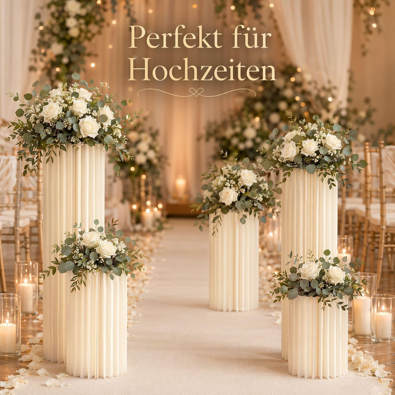 Blumenständer Hochzeit 5 Stück, Faltbare Dekosäulen aus Karton mit PVC-Platten, Tragfähigkeit 50kg pro Säule, Weiße Display-Papiersäulen für Geburtstag, Party & Feierlichkeiten