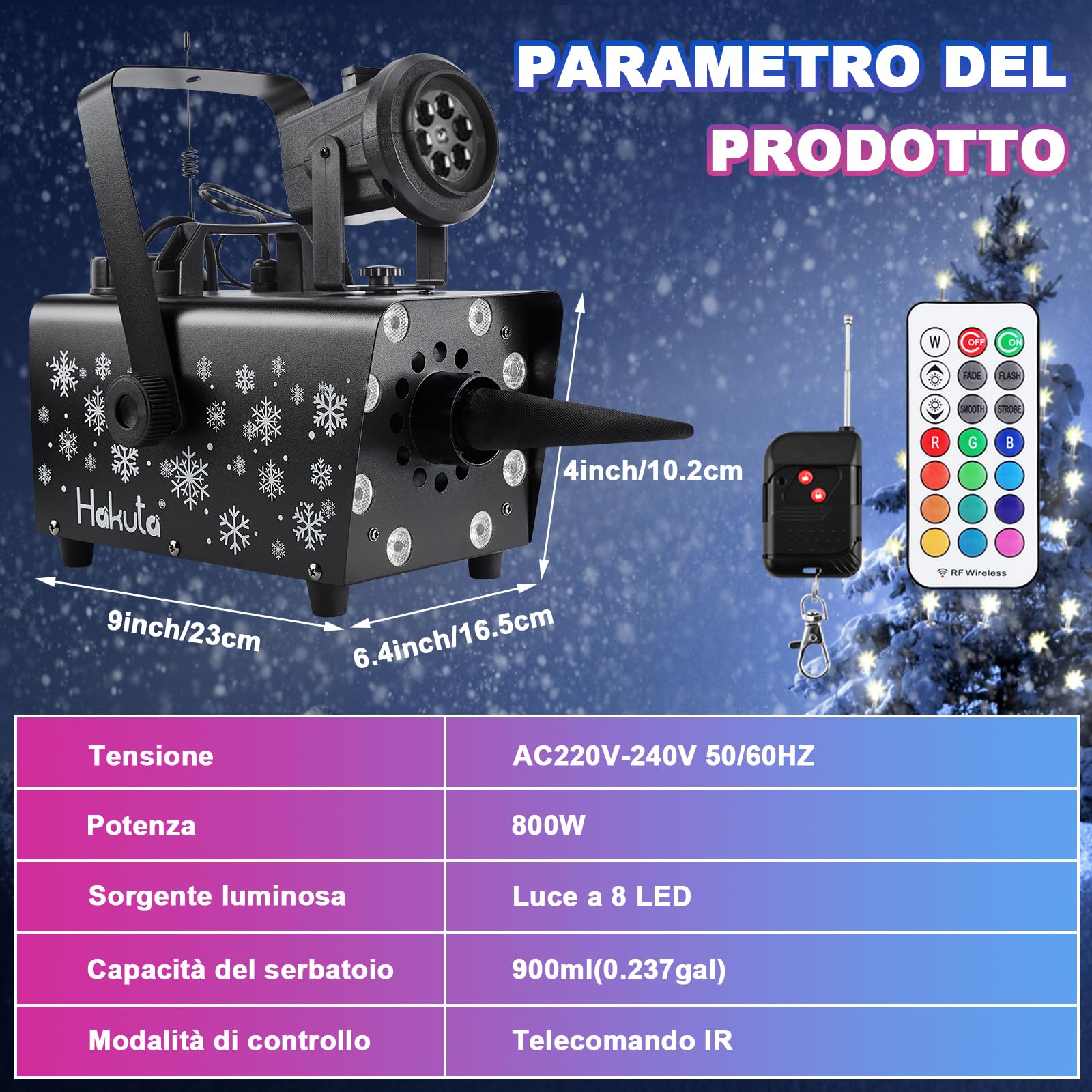 HAKUTA Macchina della neve 800W aggiornata con 8 luci LED RGB, proiezione LED e 2 telecomandi wireless, perfetta per Natale, Halloween, feste, matrimoni e DJ Stage