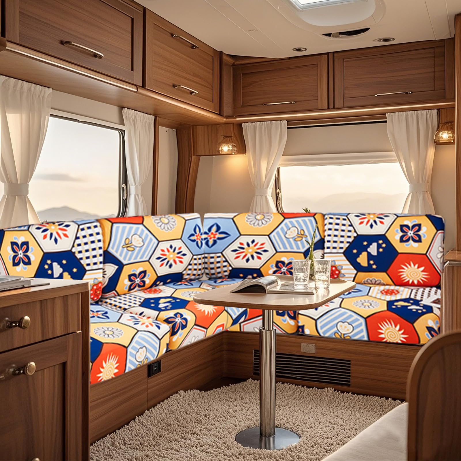 UNBBRRL Fit Stretch Caravan Seat Cover, Non Slip Elastic Fabric Printed Pattern RV Dinette Cushion Cover, Protector for Motorhome Sofa Bench with 4 Straps (hexagonal,Dining Chair Set(2pcs))