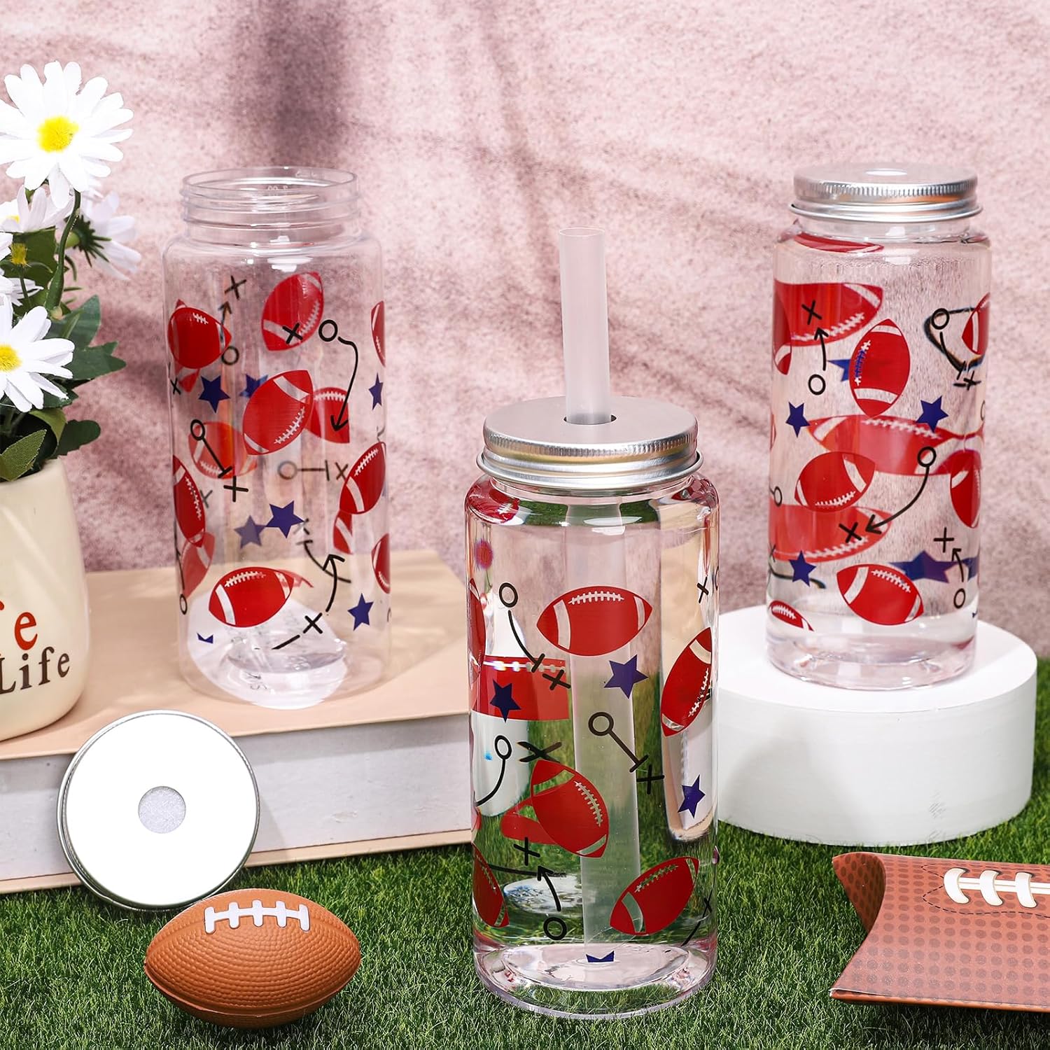 Whaline 20Pcs Football Plastic Cups with Lids and Straws Clear Sports Theme Party Drinking Cups Reusable Tumblers for Party Supplies - Image 4