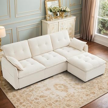 Oversized Modular Sectional Sofa with Ottoman, 96.5 Inch 3 Seat Deep Seat Chenille Couch, Convertible L Shaped Sofa with Pillows, Comfy Seating Couch for Living Room, Apartment, Office Cream