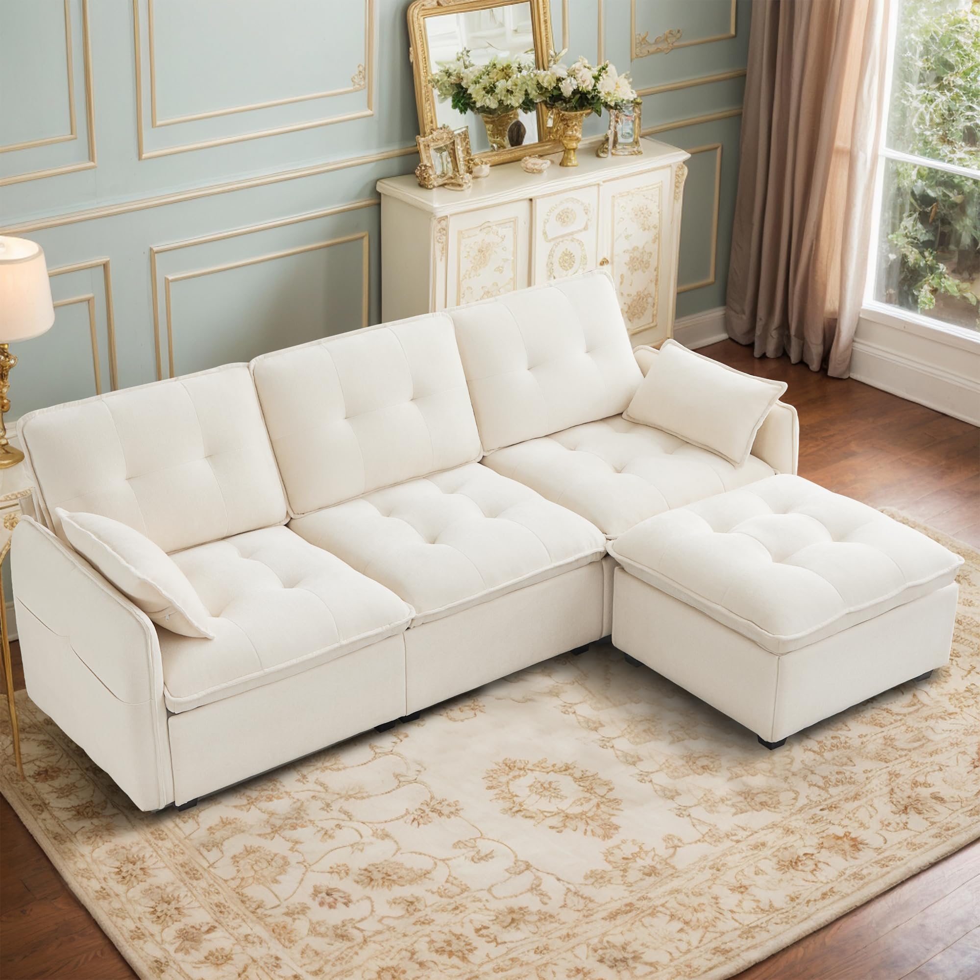 Photo 1 of LURVIA Oversized Modular Sectional Sofa with Ottoman, 96.5 Inch 3 Seat Deep Seat Chenille Couch, Convertible L Shaped Sofa with Pillows, Comfy Seating Couch for Living Room, Apartment, Office (Cream)