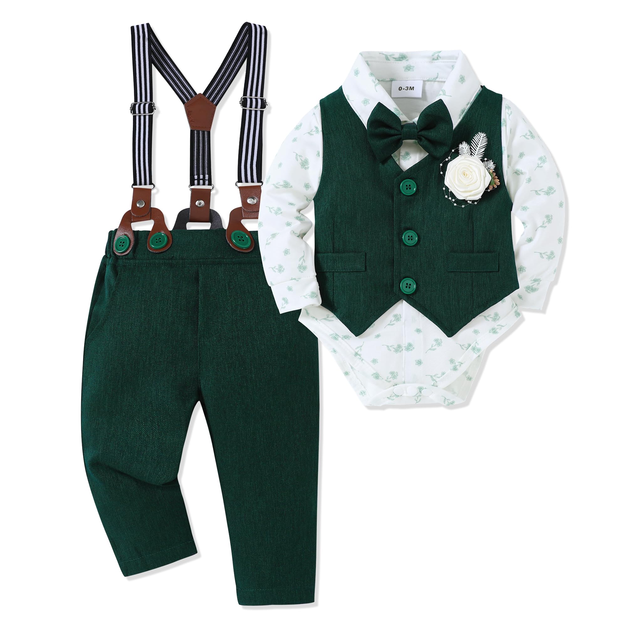Baby Boy Clothes Suit Infant Gentleman Wedding Outfit Dress Shirt+Bowtie+Vest+Corsage+Suspender+Pants 6Pcs Set 0-24M
