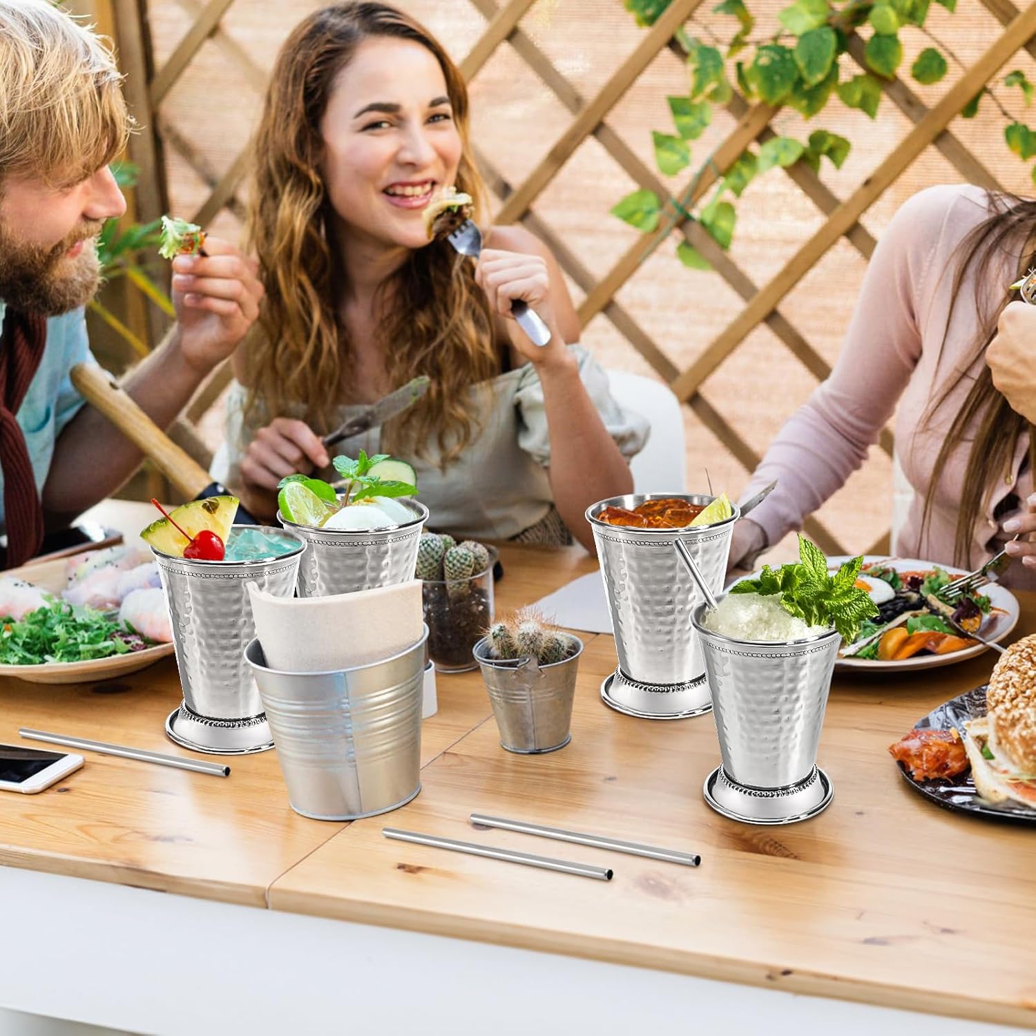 Peohud Set of 2 Mint Julep Cups, 12 Oz Hammered Stainless Steel Drinking Glasses with Straws, Silver Metal Cocktail Glasses for Party Bar Home Restaurant Beer Juice Beverage - Image 9