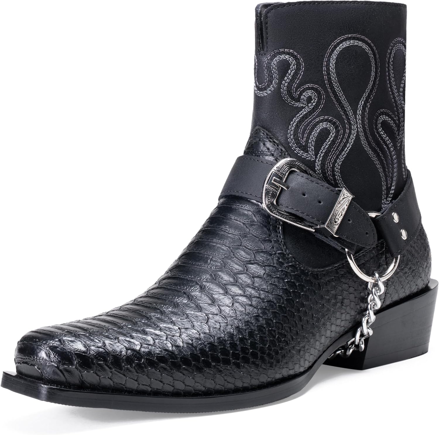 Jousen Cowboy Boots for Men Snakeskin Pattern Men's Western Boots with Side Zipper Belt Buckle Chain Strap