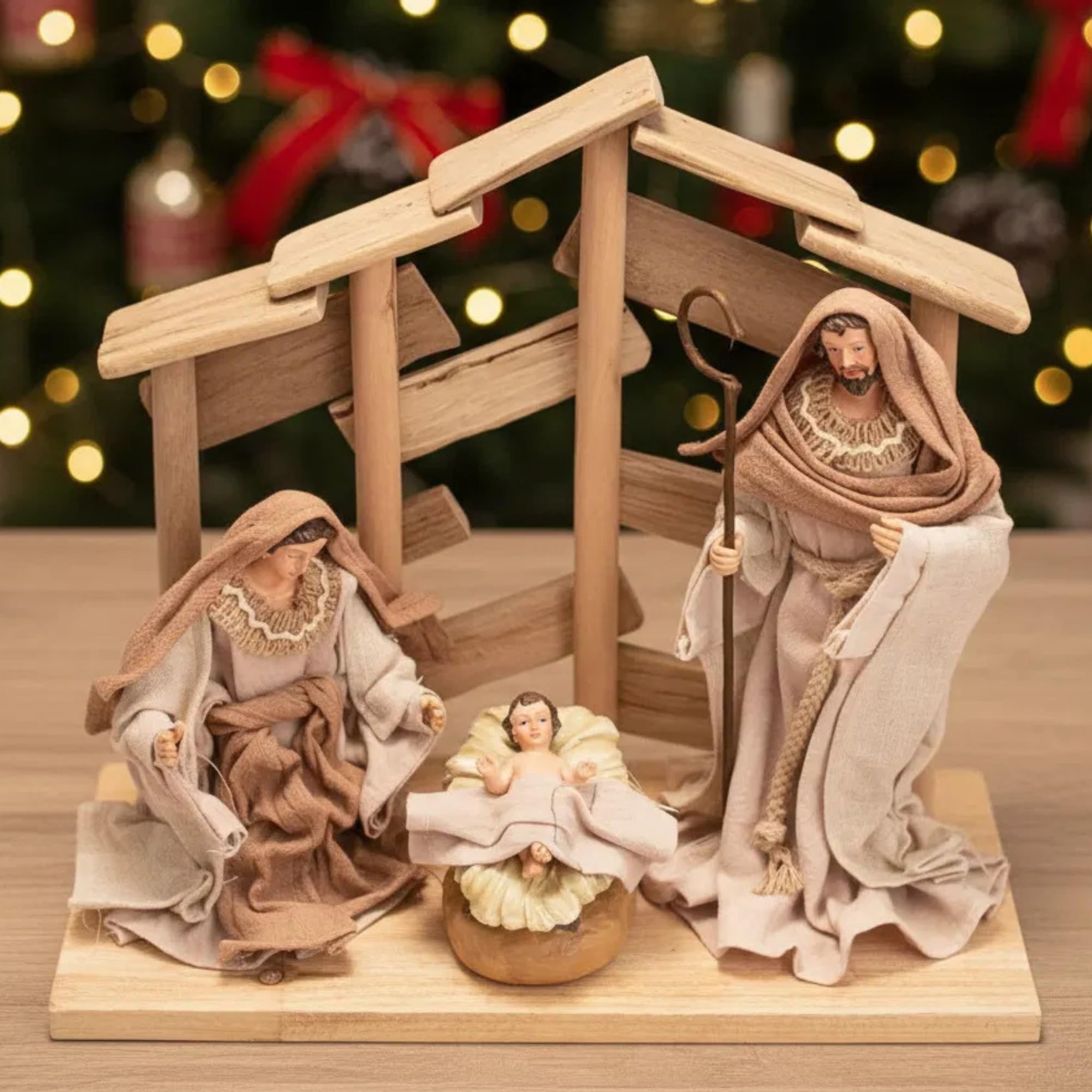 Nazareth Store Olivenholz Statue aus dem Heiligen Land Traditionelle Krippe Set ohne Stern Figuren mit Baumwollkleidung Spirituell