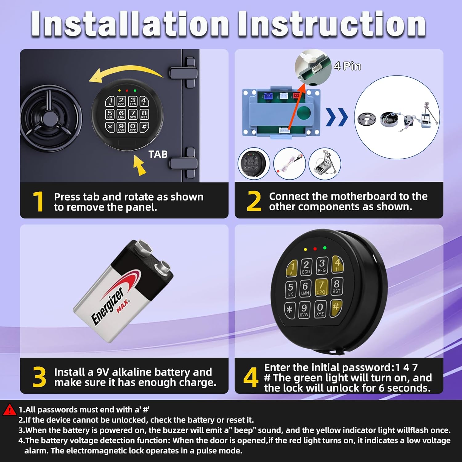 Gun Safe Lock Replacement with 2 Override Keys & Solenoid Black Keypad Safe Electronic Safe Lock for Fireproof Safe Box