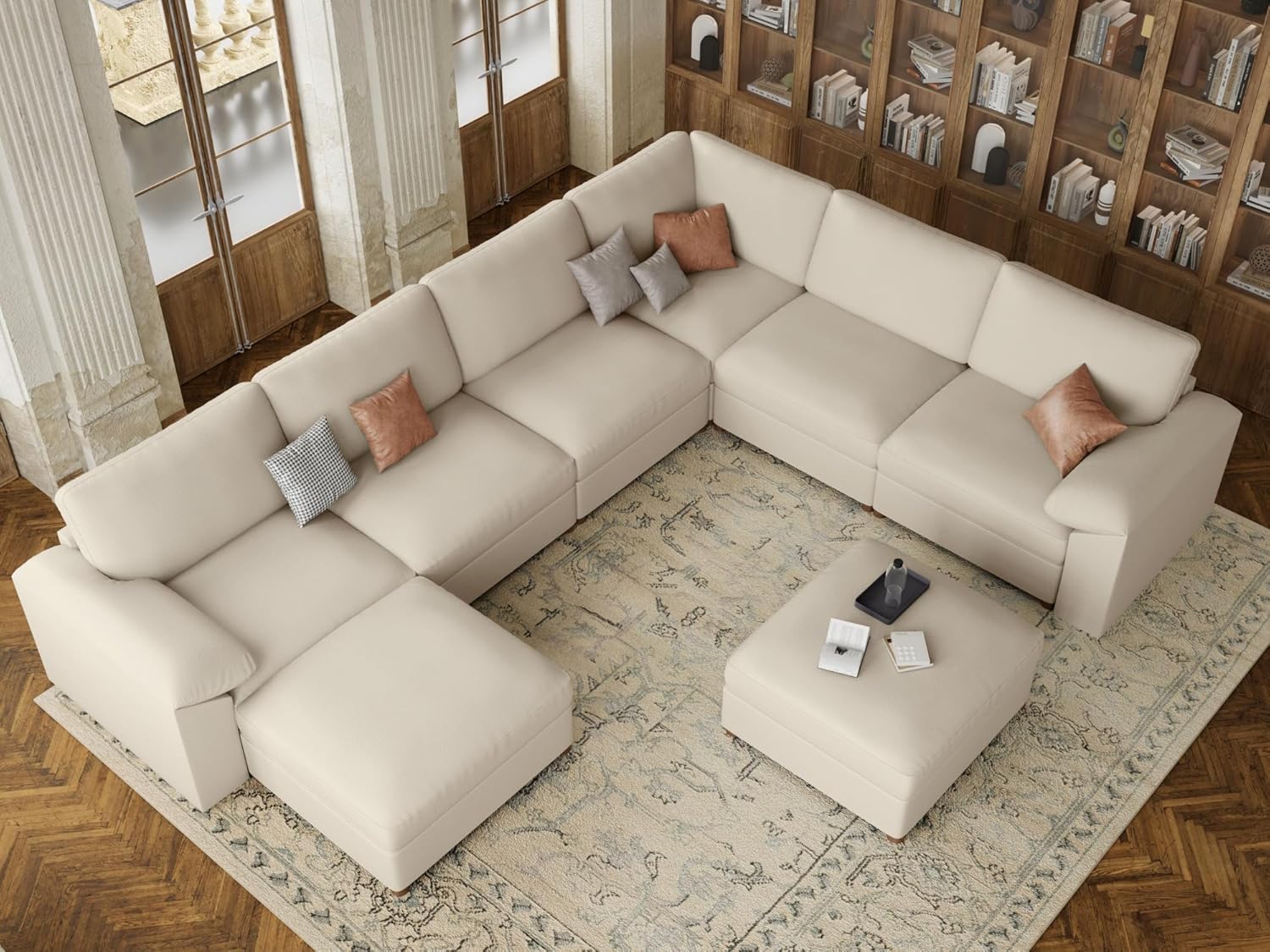 Overhead view of the EASE MOOSE Beige U-Shape Modular Sectional Sofa with ottoman, showcasing its flexible arrangement.