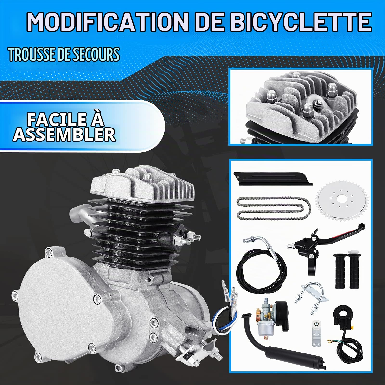 Ambienceo Argent 2 Temps 50cc vélo Essence Moteur motorisé Moteur vélo kit(avec Un Cadeau au Hasard)