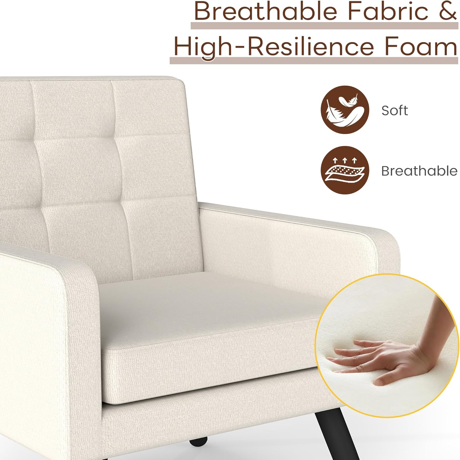 Accent Chair for Living Room Set of 2, Mid-Century Modern Comfy Upholstered Armchair with Large Seat, Single Sofa Reading Chair, 496 Lb. Weight Capacity, for Bedroom, Apartment, Cream