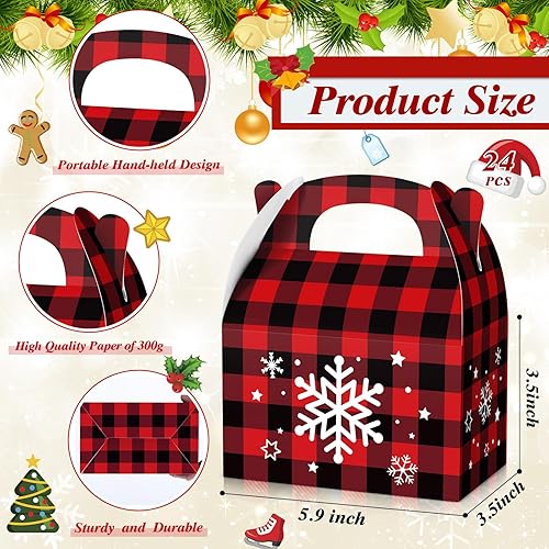 Miniatura 2 de TaoBary 24 cajas de galletas de Navidad, cajas de dulces a cuadros de Navidad con asas, cartón 3D, bolsa de regalo de Navidad con impresión vibrante