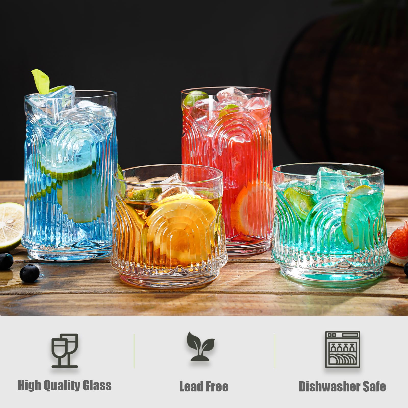Vintage Trinkgläser, Set mit 4 handgefertigten Glasbechern, 2 Highball-Gläsern, 480 ml & 2 Rocks-Gläser, 284 ml, Mojito-Becher, Cocktailglas, Bar-Glaswaren-Set für Cocktail, Bier, Whiskey