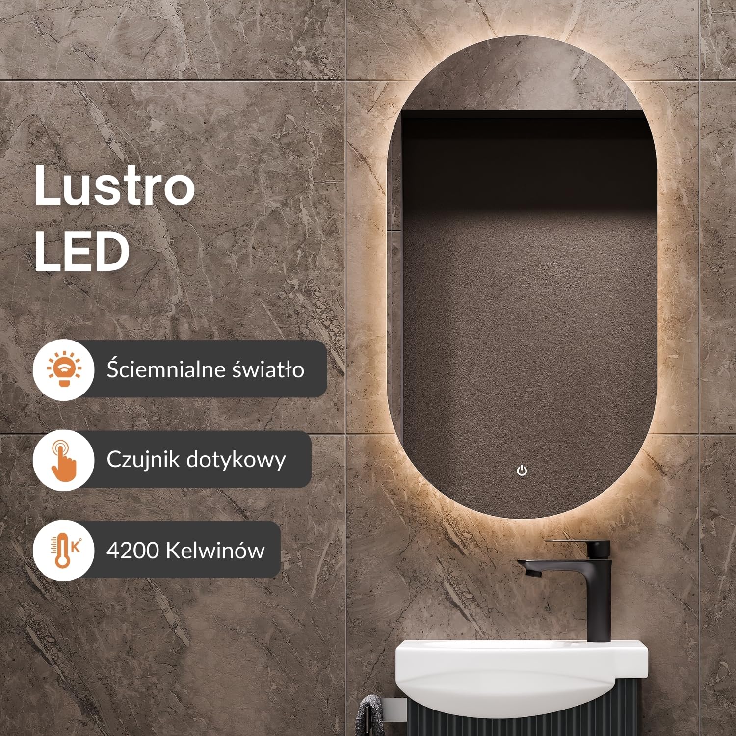 Planetmöbel Umywalka z szafką 40 cm wraz z ceramiczną umywalką i owalnym lustrem łazienkowym z oświetleniem, zestaw mebli łazienkowych do toalety dla gości, antracyt matowy