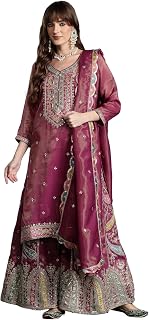 INDO ERA Women's Straight Silk Blend Ethnic Motifs Embroidered Kurta & Palazzo with Dupatta Set (KH9MU10855) Price In India