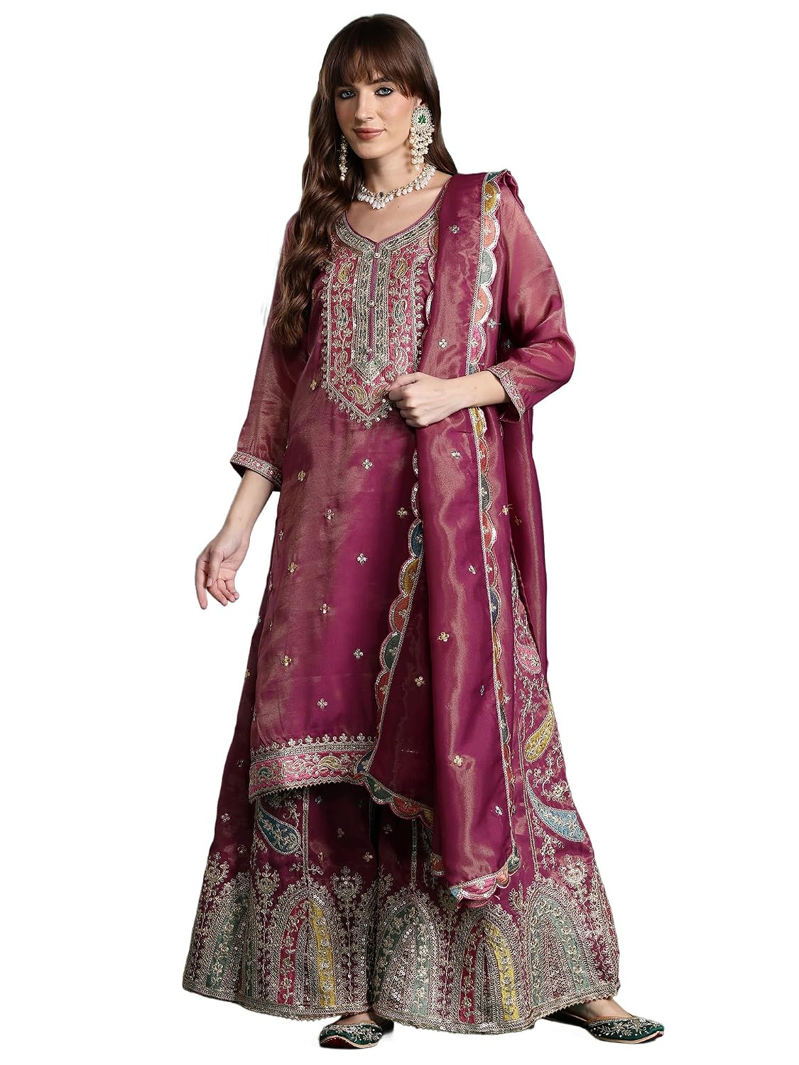 INDO ERA Women's Straight Silk Blend Ethnic Motifs Embroidered Kurta & Palazzo with Dupatta Set (KH9MU10855) - Review, Price and Buying Guide