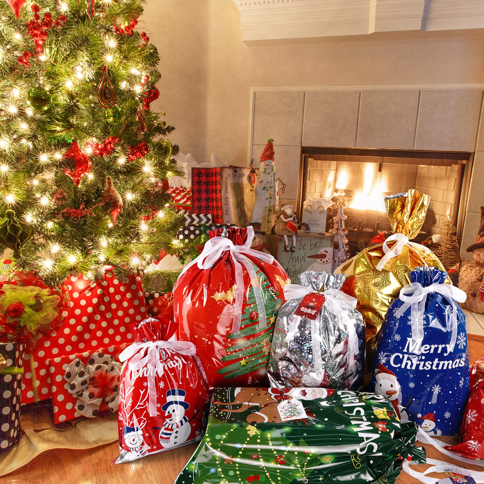 20 Sacchetti Regalo Di Natale In Alluminio - 4 Dimensioni Con Etichette E Nastri - Motivi Natalizi (Babbo Natale, Renne, Pupazzo Di Neve)