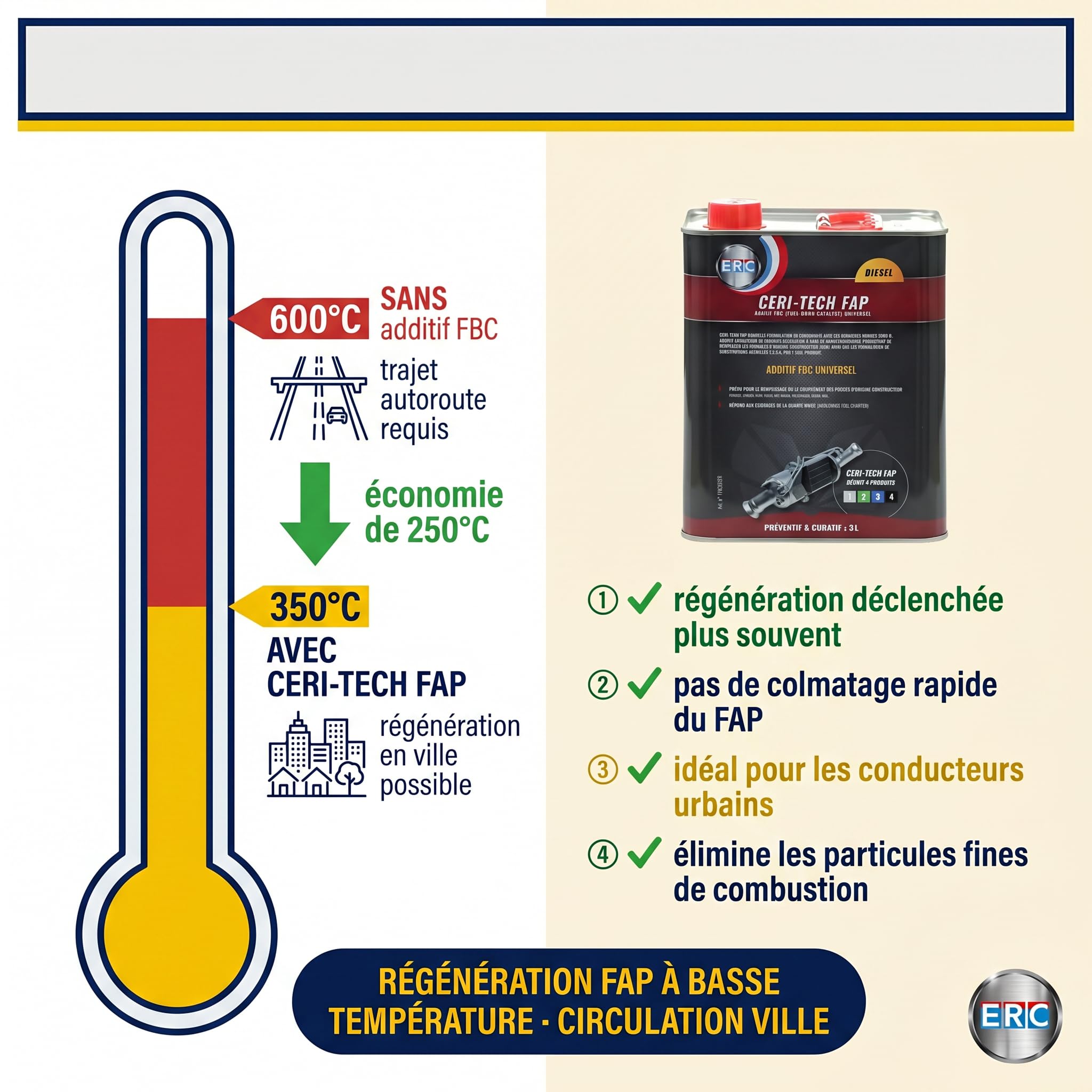 ERC - [Ceri-Tech FAP universelle | Additif catalyseur pour moteur Diesel | Abaisse la température de combustion | Préventif & Curatif | Prolonge la durée de vie du turbo | 3L