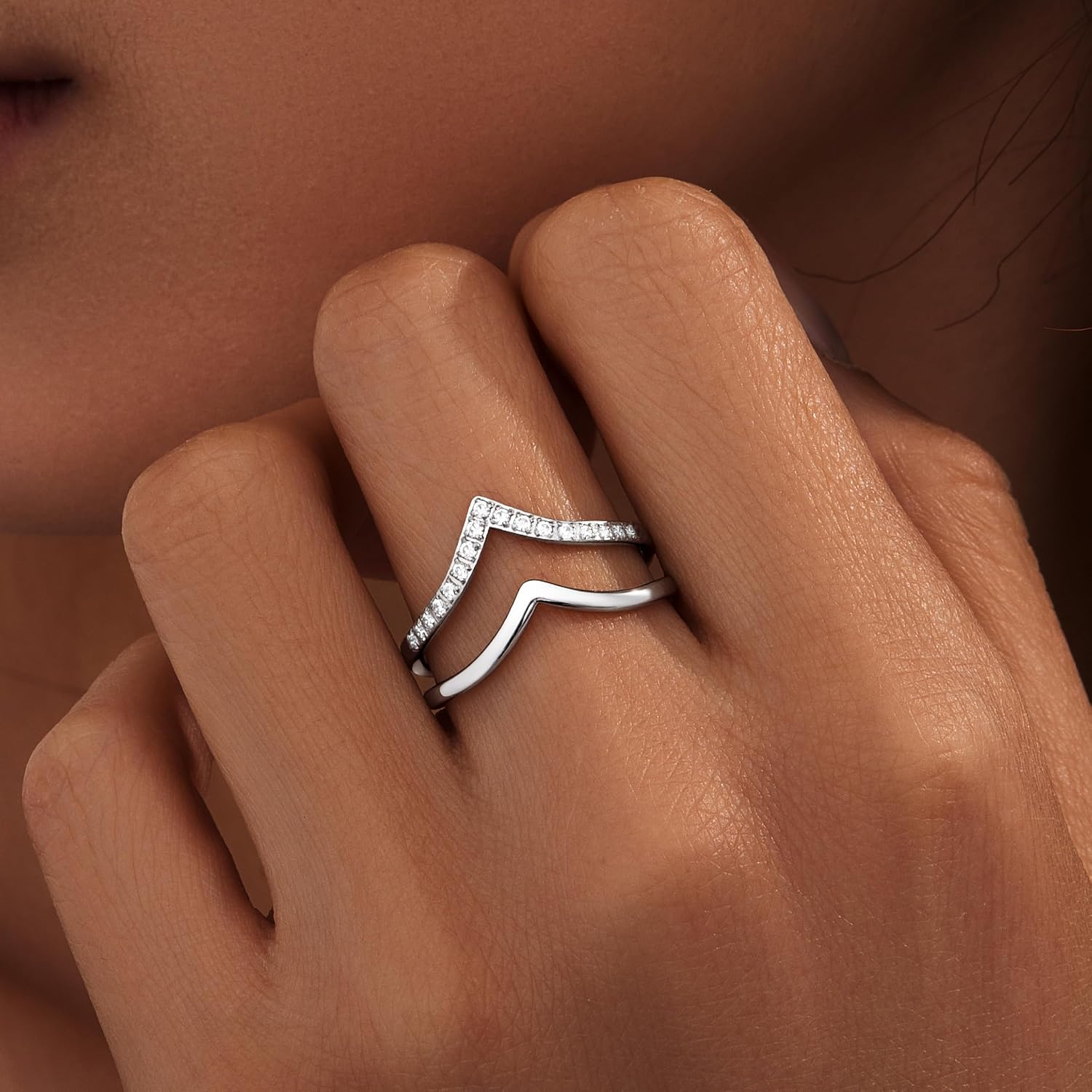 Gelbesty Silver Plated Chevron Ring for Women, Stackable V Shaped Curved Wedding Band 2Pcs Set, Pave CZ Wishbone Ring Enhancer Fits Pear & Solitaire Engagement Rings Jewelry Gift Size 6 7 8 9 10 11