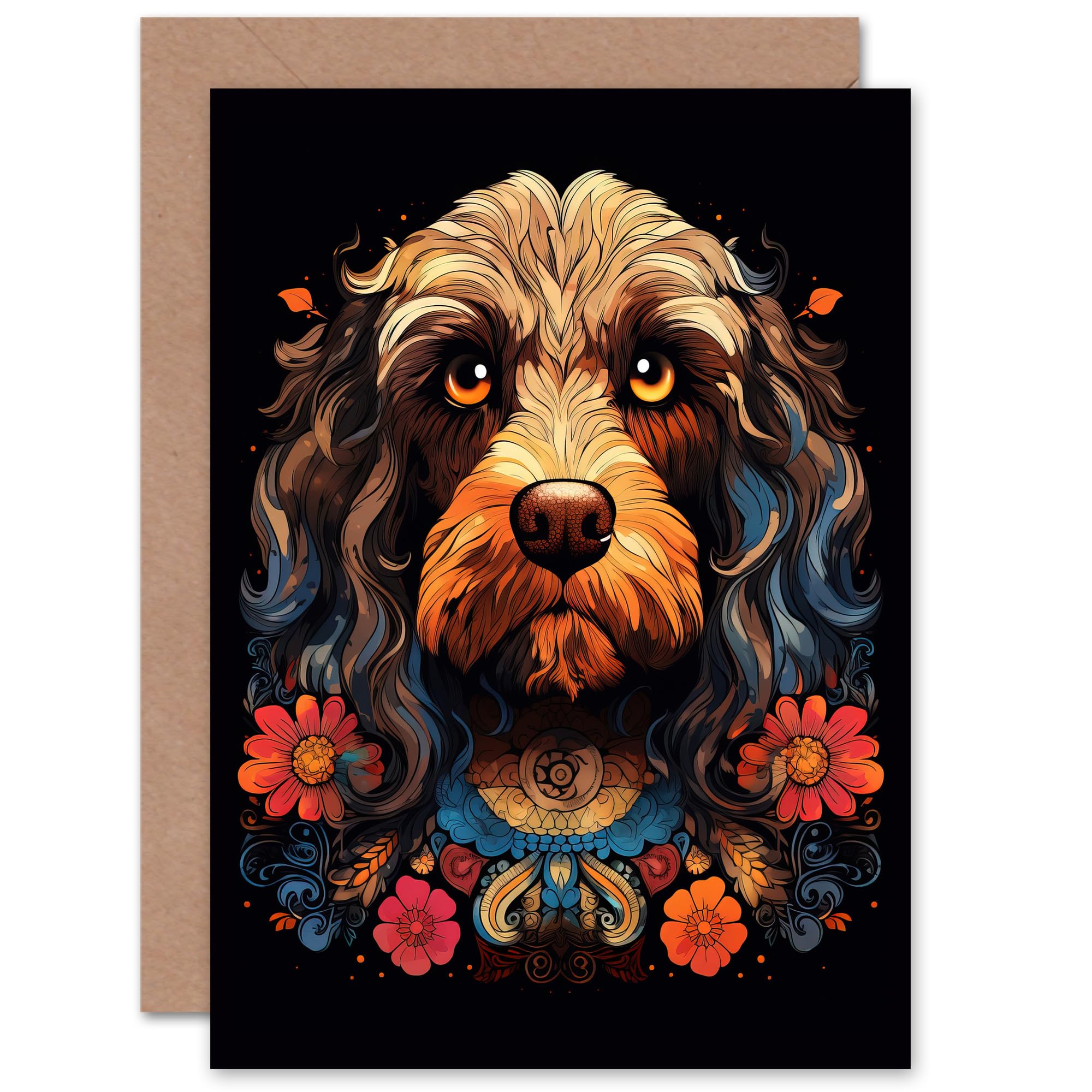Artery8 Cockapoo Dog Symmetrical Floral Tribal for Wife Her Mum Sister Daughter Mom Gran Nan Birthday Thank You Congratulations Blank Art Greeting Card