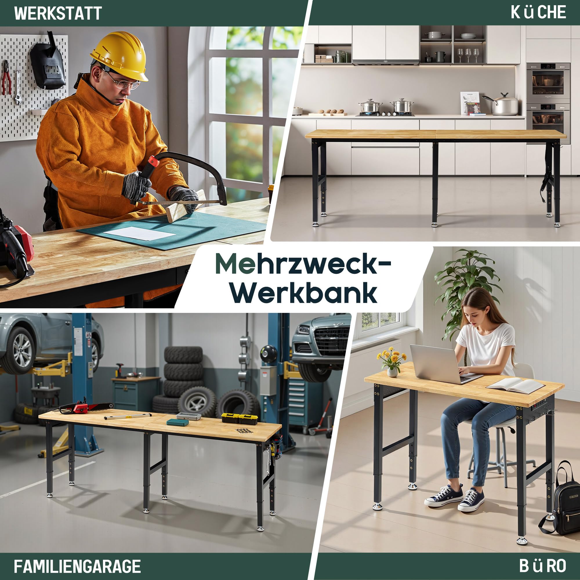 LUXOAK 183x61 cm höhenverstellbarer Werkbank mit Steckdosen, 2722 kg belastbare Holzwerkbank mit Haken, massiver Gummiholz-Arbeitsplatte für Garage, Werkstatt, Holzbearbeitung und Home-Office