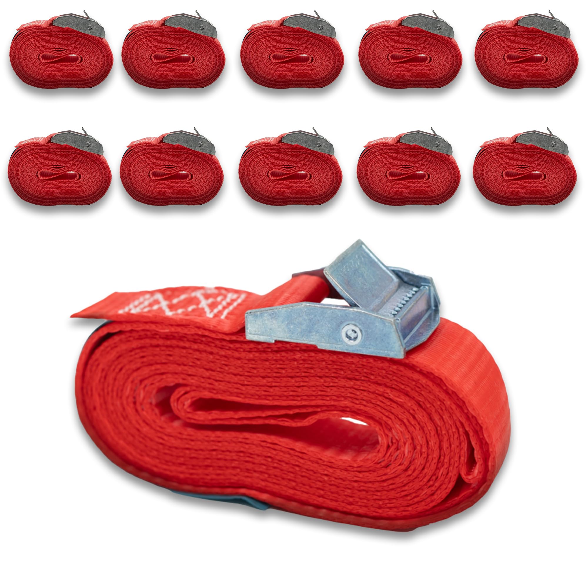 DoZurr 250 Lot de 10 Sangles d'arrimage avec Serrage de Sangle, 1 pièce, Charge maximale : 250 kg, Largeur : 25 mm x Longueur : 4 m, Rouge, pour Barres de Toit et cerclage