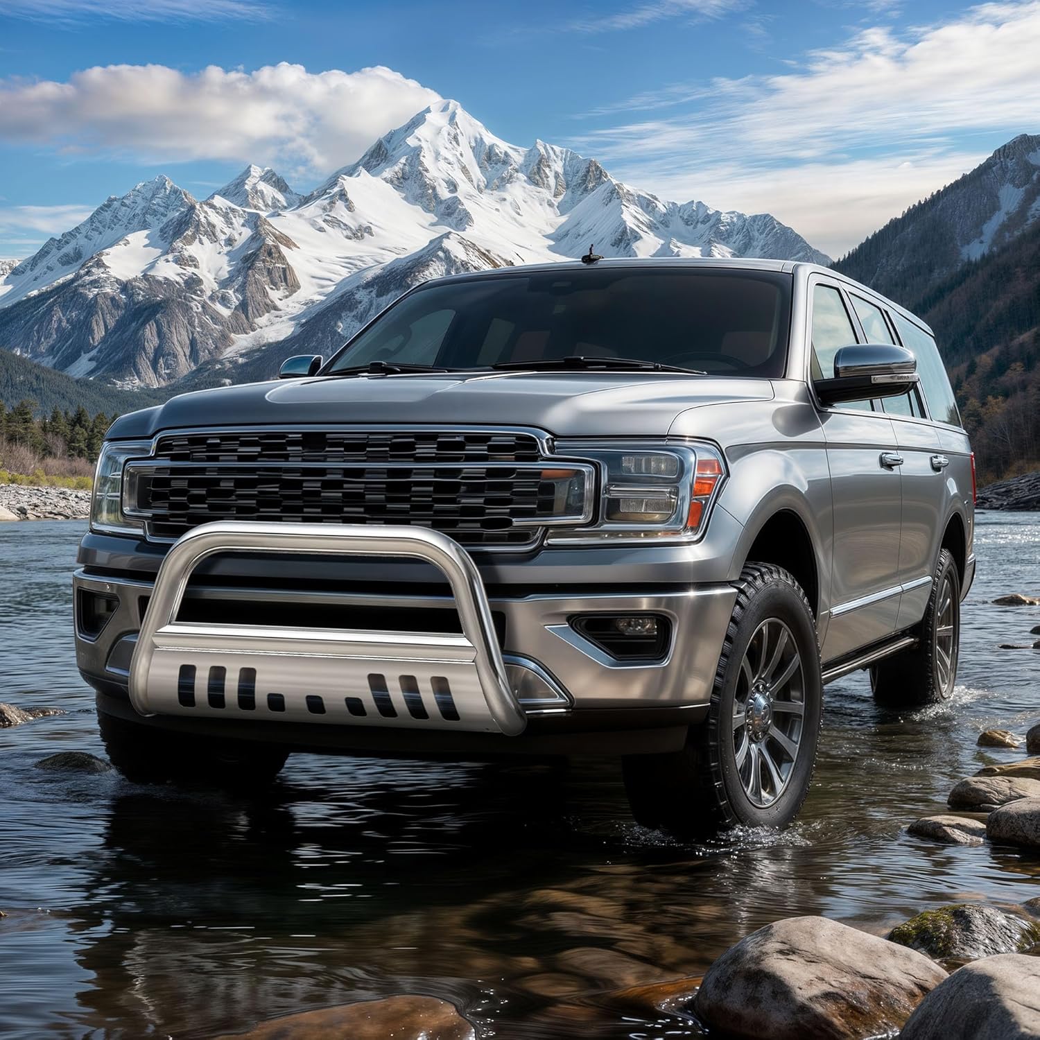 YITAMOTOR Bull Bar Compatible for 2004-2024 Ford F150/2003-2014 Navigator Chrome Push Front Bumper Grill Grille Guard with Skid Plate