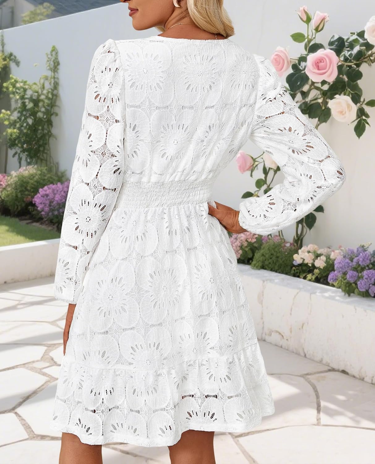 Women's Long Puff Sleeve Floral Mini Dress Spring V Neck Hollow Out Eyelet Lace Embroidery Ruffle A Line Swing Short Dresses - Image 4