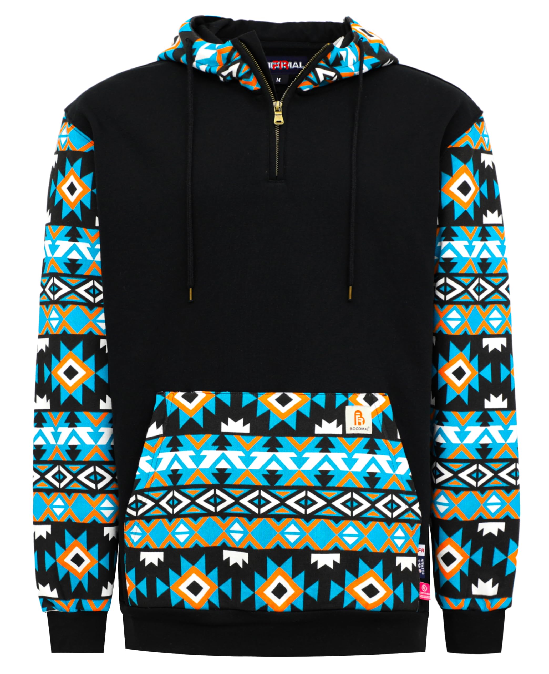 BOCOMALFR Hoodies Bohemian Printed 1/4 Zipper Pullover 10.5oz Cotton Fleece Fire Resistant Hooded Sweatshirts