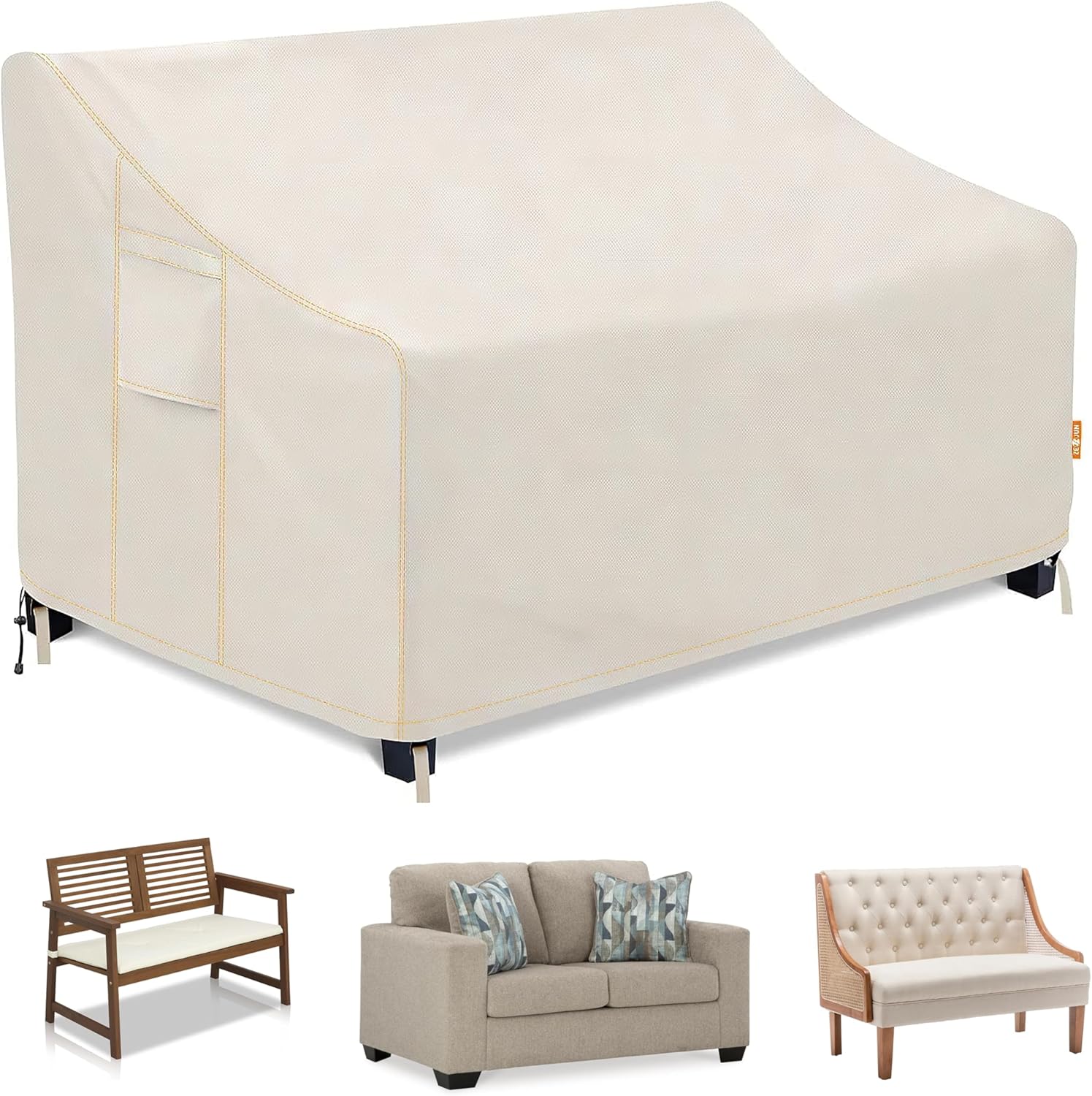 Heavy Duty Outdoor Sofa Cover - 100% Waterproof 600D Oxford 2-Seater Patio Sofa Cover, 54W x 38D x 29H Inch, UV Resistant with Air Vents, 4 Buckle Straps, Storage Bag & Side Pocket, Beige