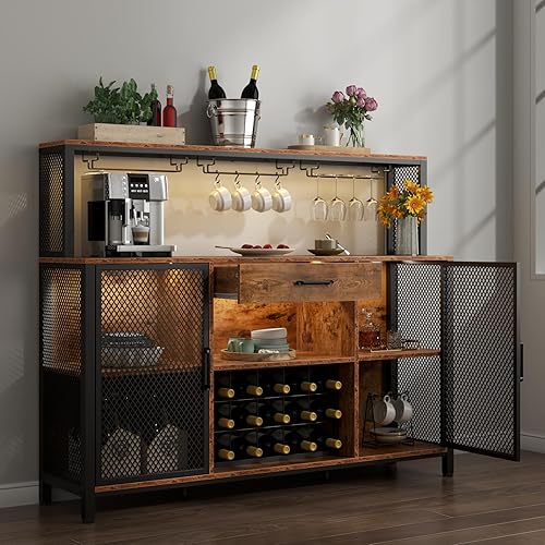 Gyfimoie Gabinete de bar de vino con cajón y luces LED, gabinete de barra de café industrial de 55 pulgadas con estante para vino y soporte para