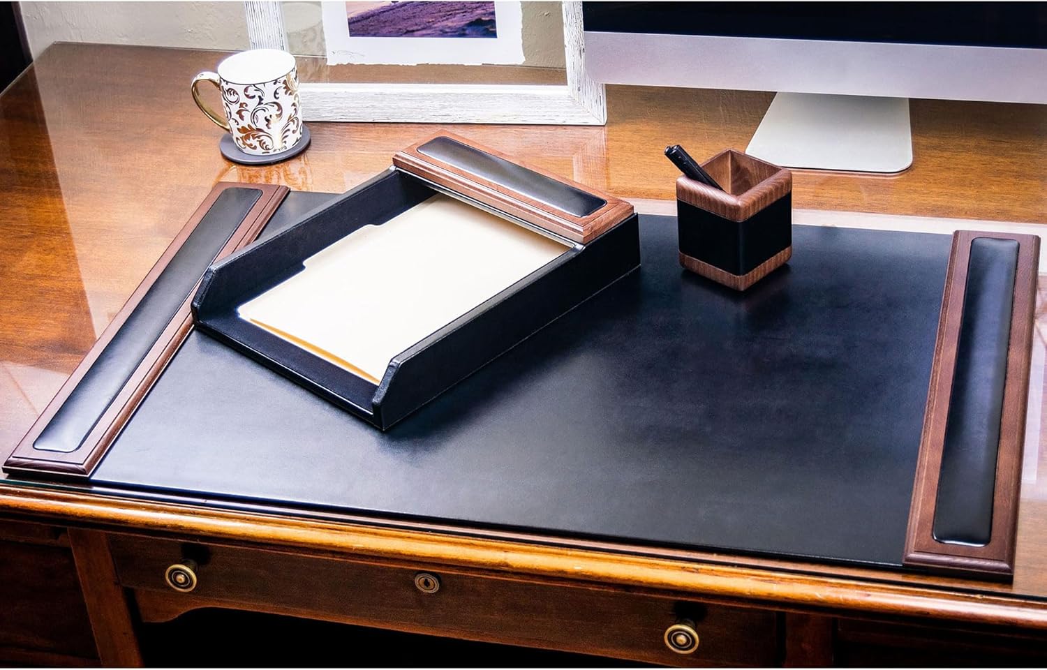 Dacasso Walnut & Black Leather Luxury 3 Piece Set - Blotter Pad & Desk Mat Organization Essentials - Executive Decor and Desk Surface Protector