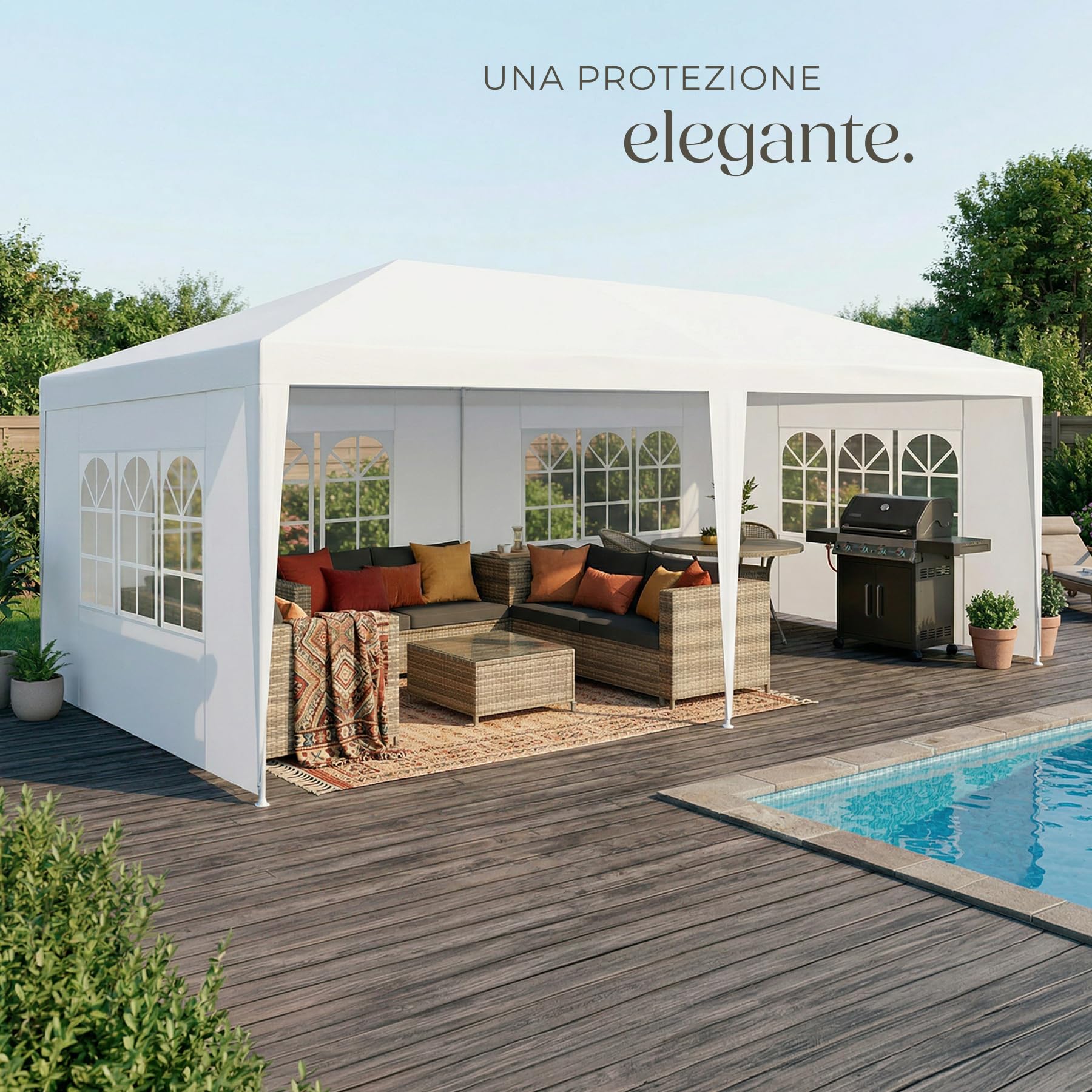 tectake® Gazebo 3x6 m, impermeabile con 5 pannelli laterali rimovibili, struttura in acciaio, tenda con protezione UV, tendone per feste, balconi, campeggio, auto, gazebo terrazzo esterno - Bianco