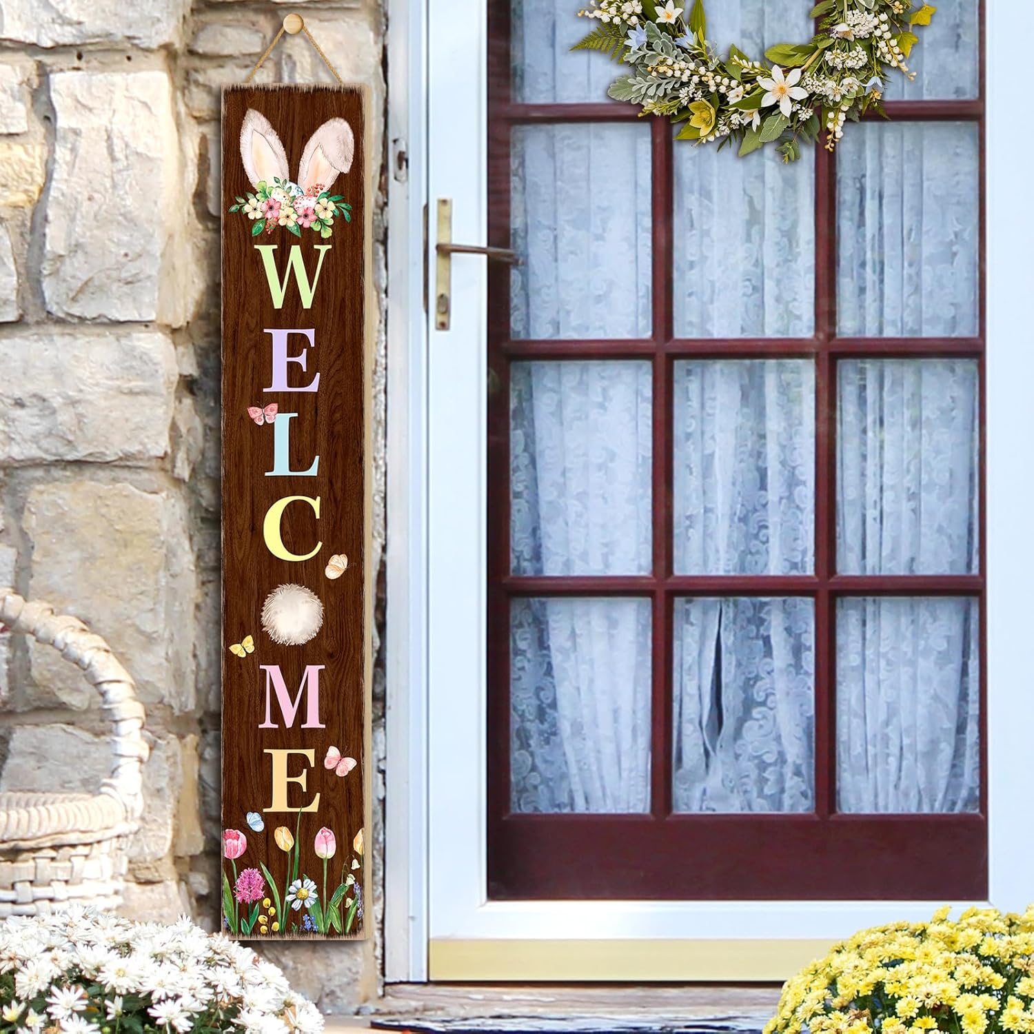 Easter Welcome Porch Sign 47.2" Bunny Ear Wooden Welcome Sign for Front Porch Spring Tulip Vertical Standing Outdoor Porch Decor for Home Front Door Yard Farmhouse Spring Party Hanging Decoration