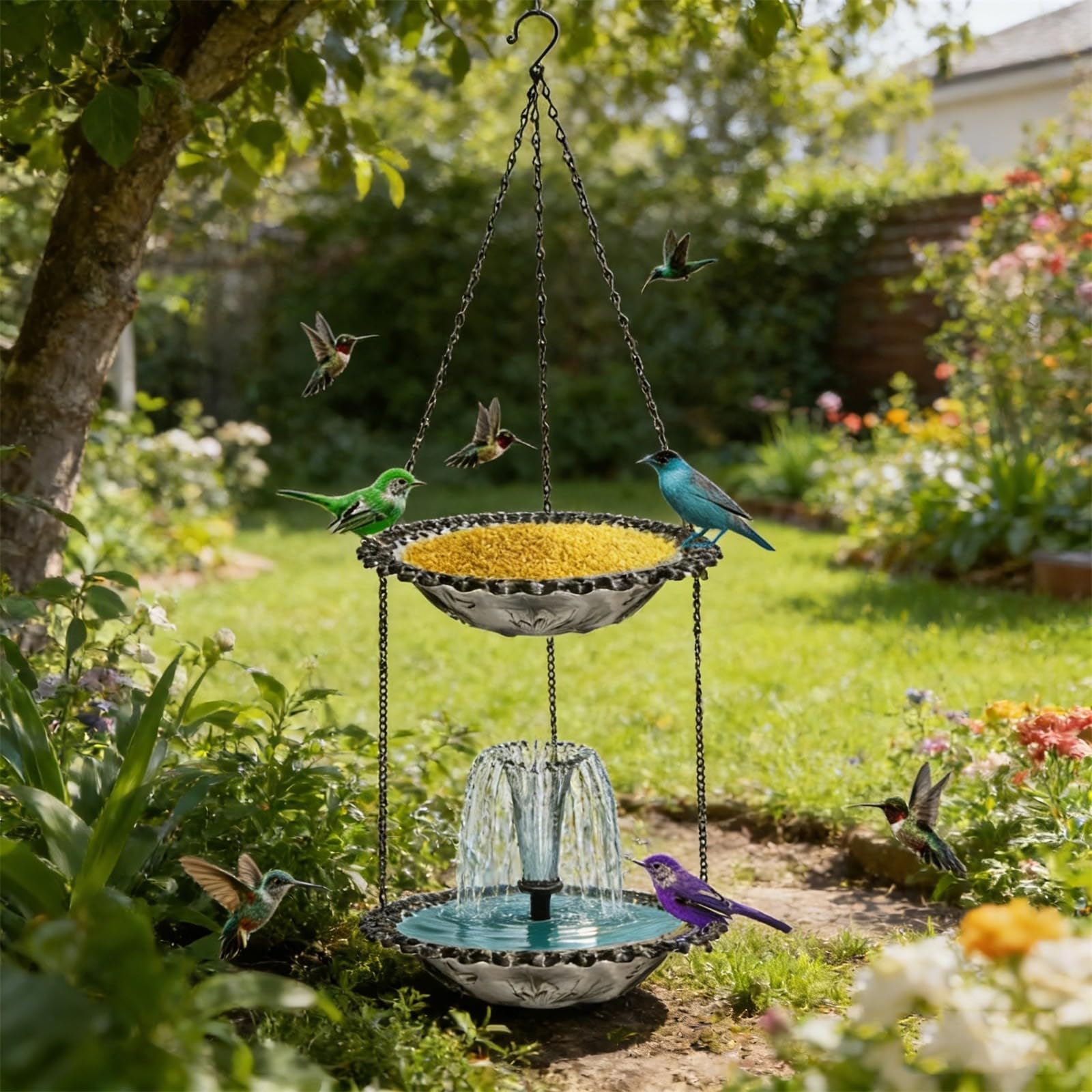 Hanging Bird Bath Fountains Solar Powered Hanging Bird Bath Bowl Solar Powered Water Fountain Combo Set Hanging Bird Feeder Tray for Outdoor Garden Backyard Patio Lawn (Dark Gray)