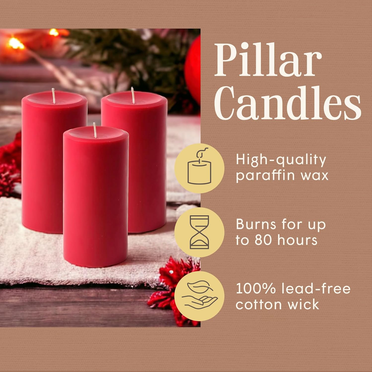 Mister Candle Unscented Red Pillar Candles Set of 3 – Dripless Smokeless 3x6 Inch Candles, Hand Poured Premium Wax, 80 Hour Burn, Solid Color Non-Scented Candles for Home Decor, Christmas & Weddings - Image 3