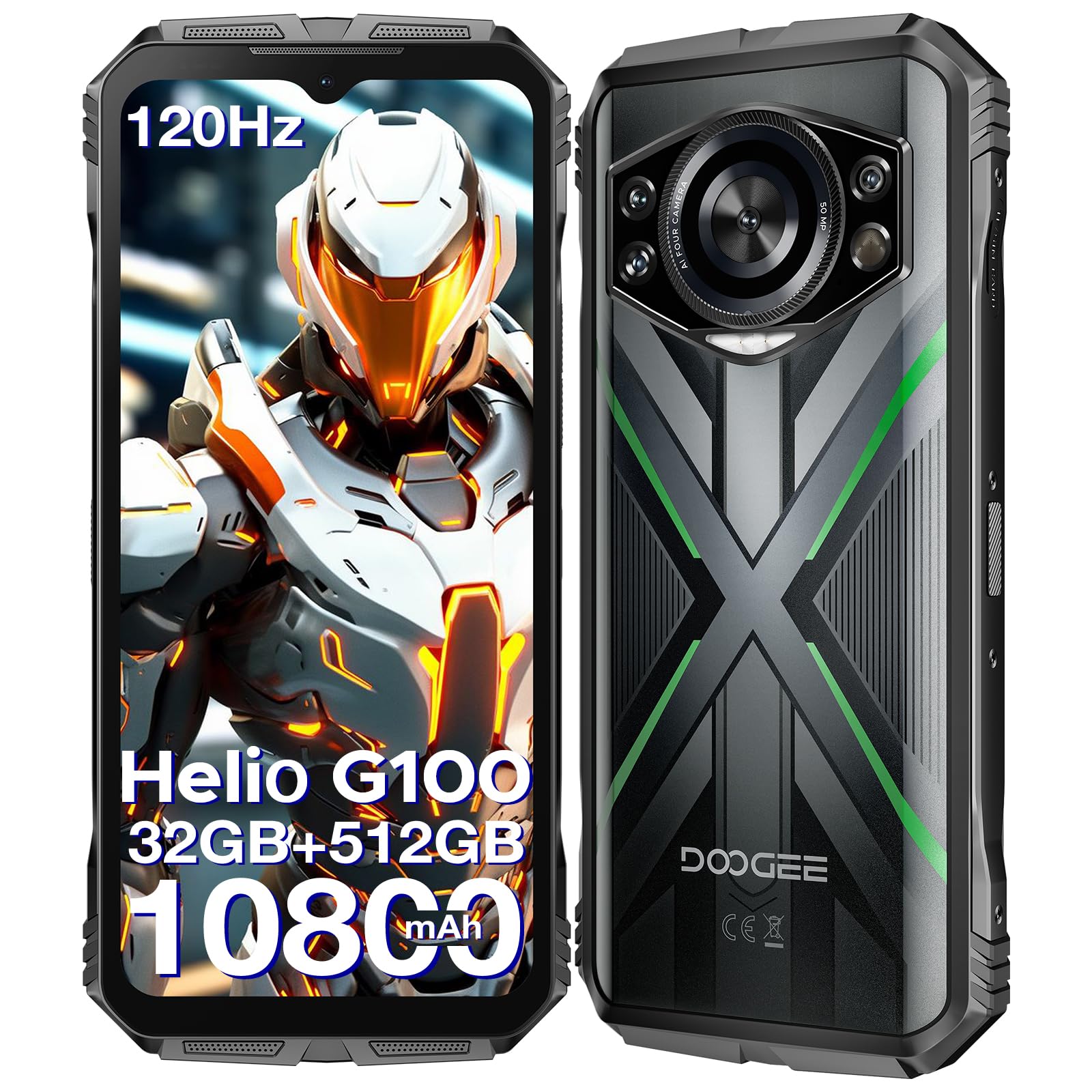 DOOGEE S Cyber Pro Rugged Phone, 10800mAh Android 14 Rugged Smartphone, 32GB+512GB, Helio G100 Octa Core Gaming Phones, 6.6" FHD+ 120Hz IPS Waterdrop Screen, 4G Dual SIM Mobile Phone, Green