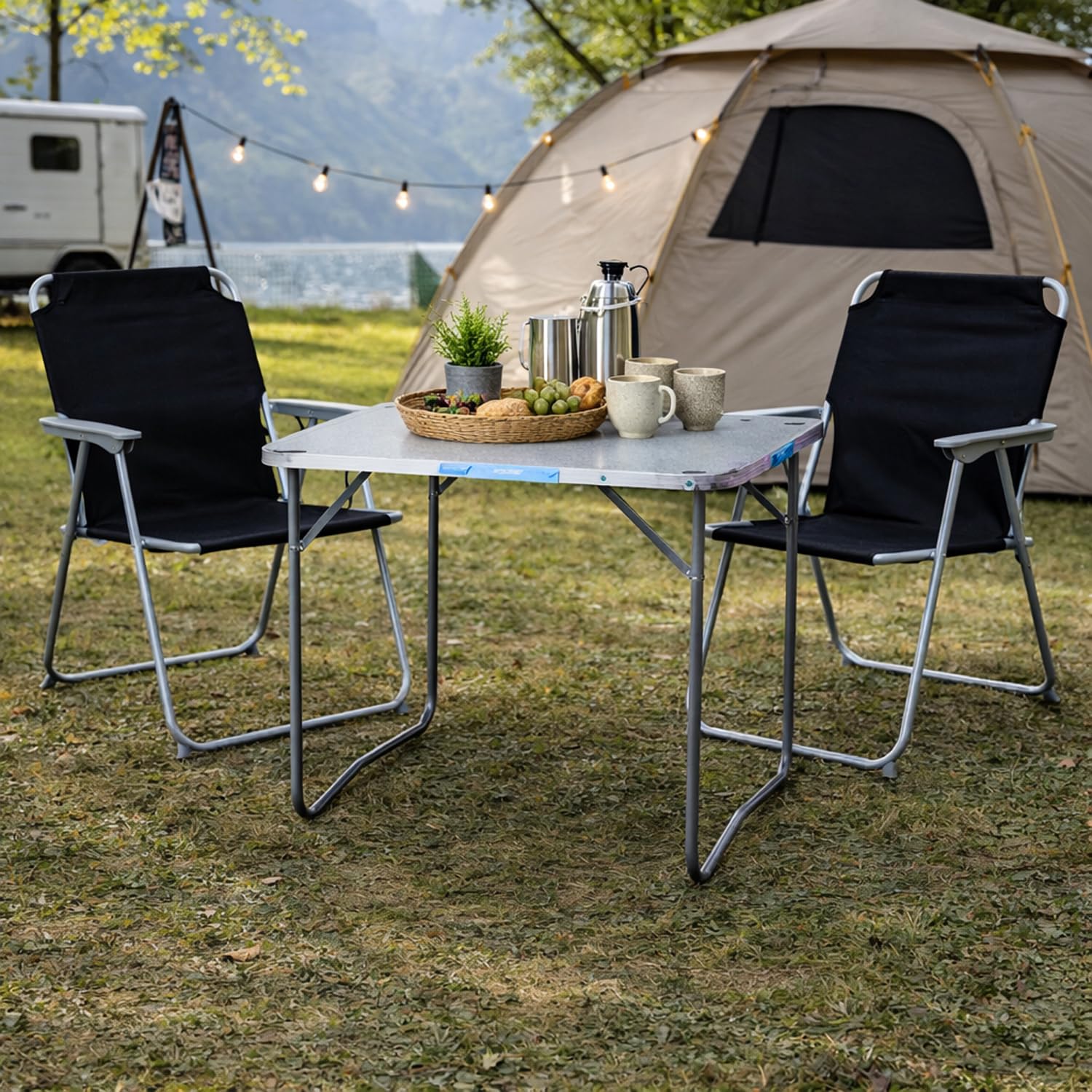 Mojawo 3tlg. Campingmöbel Set Alu Camping L70xB50xH59cm 1x Campingtisch mit Tragegriff + 2 Campingstühle schwarz Stoff Oxfort