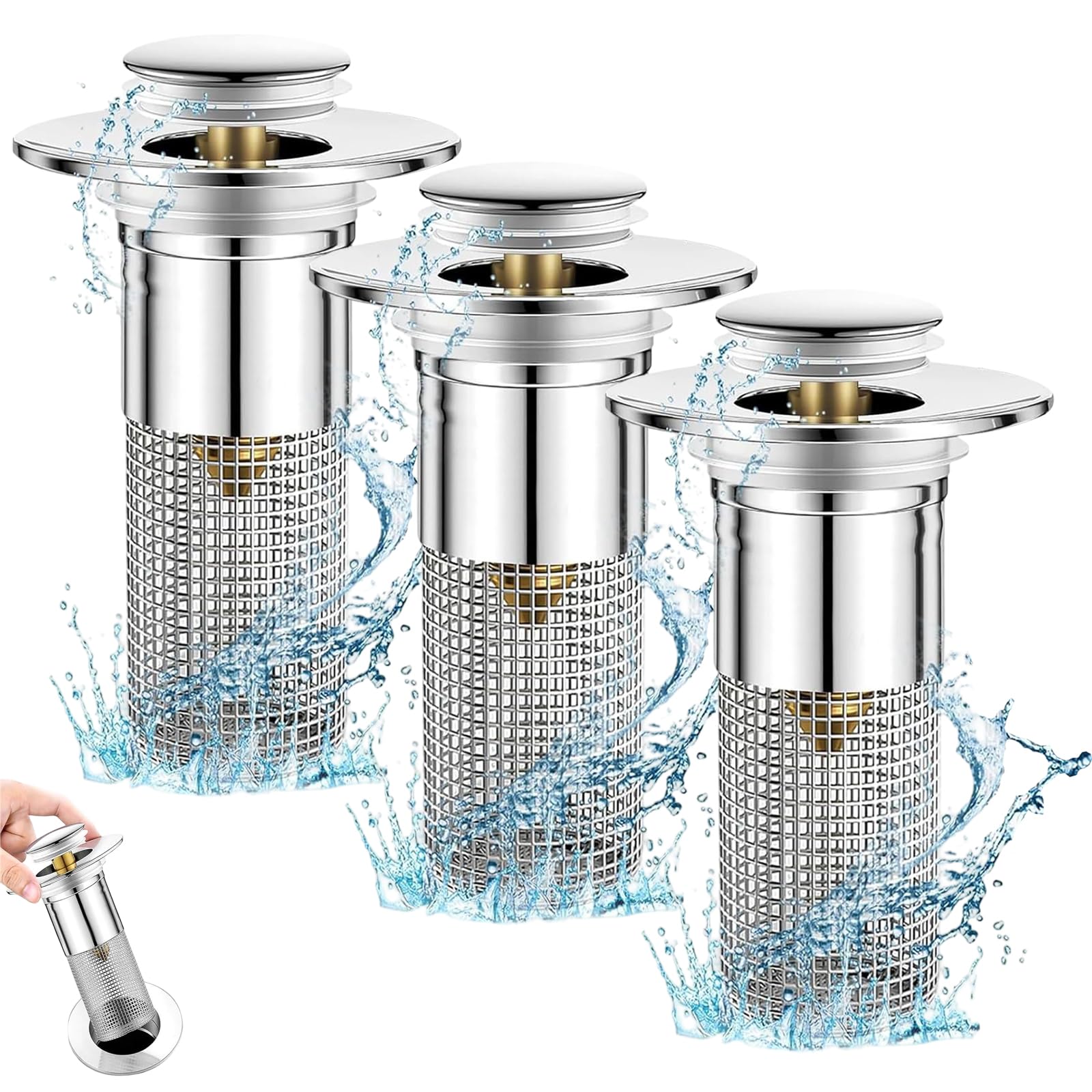 DBAILY Sink Plug, 3-Piece Drain Strainer, Sink Stopper, Universal for 34-40mm Drain, Hair Strainer, Water Retention and Drain Mode, Bathroom, Kitchen, Bathtub