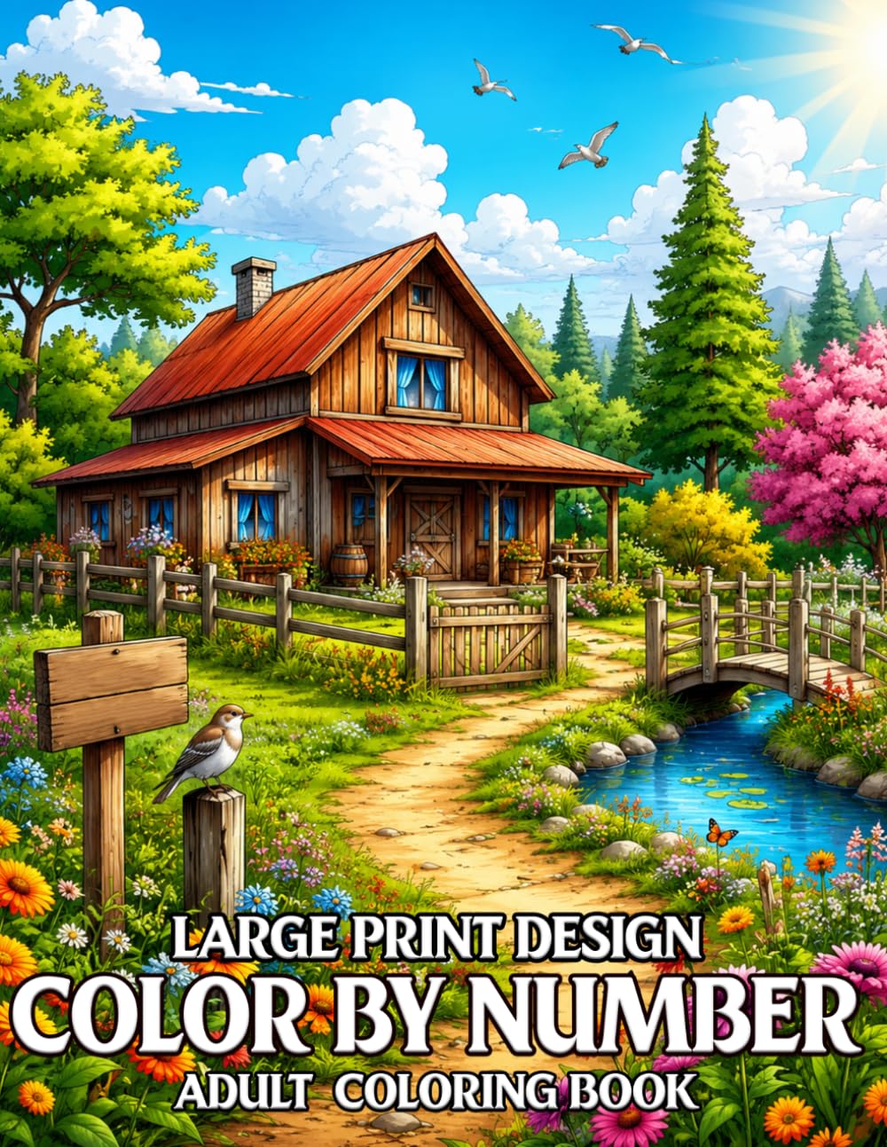 Large Print Design Color By Number Adult Coloring Book: 50 New Color By Number Coloring Book for Adults with Beautiful Designs Featuring Flowers, Animals, Landscapes, Birds, Butterflies and More
