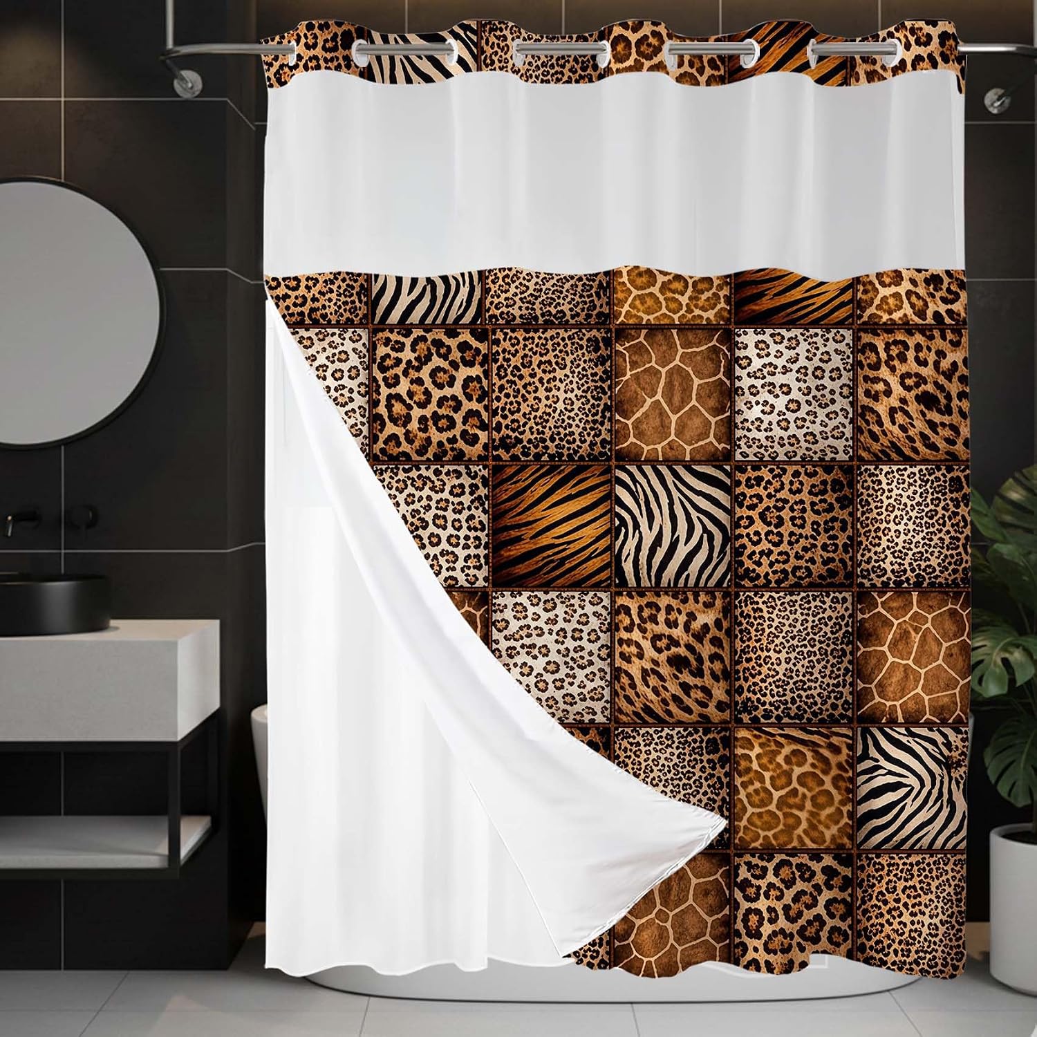 MASLEK Leopard Print No Hook Shower Curtain with Snap in Liner Zebra Tiger Giraffe Animal Print Double Layer Bath Curtain Set, 71W x 74L Inch