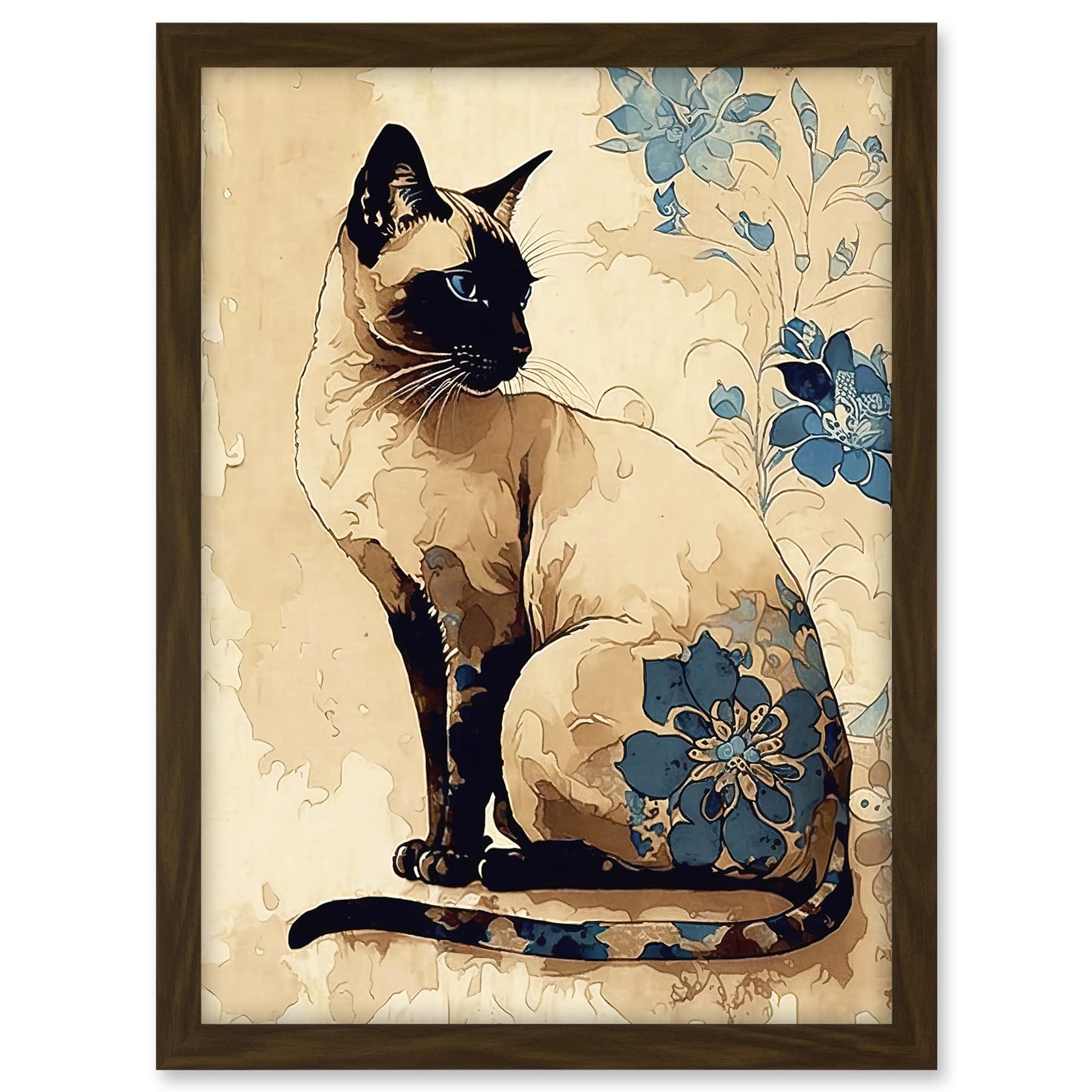 Artery8 Siamese Cat with Blue Flowers Watercolour and Ink Modern Illustration Artwork Framed A3 Wall Art Print