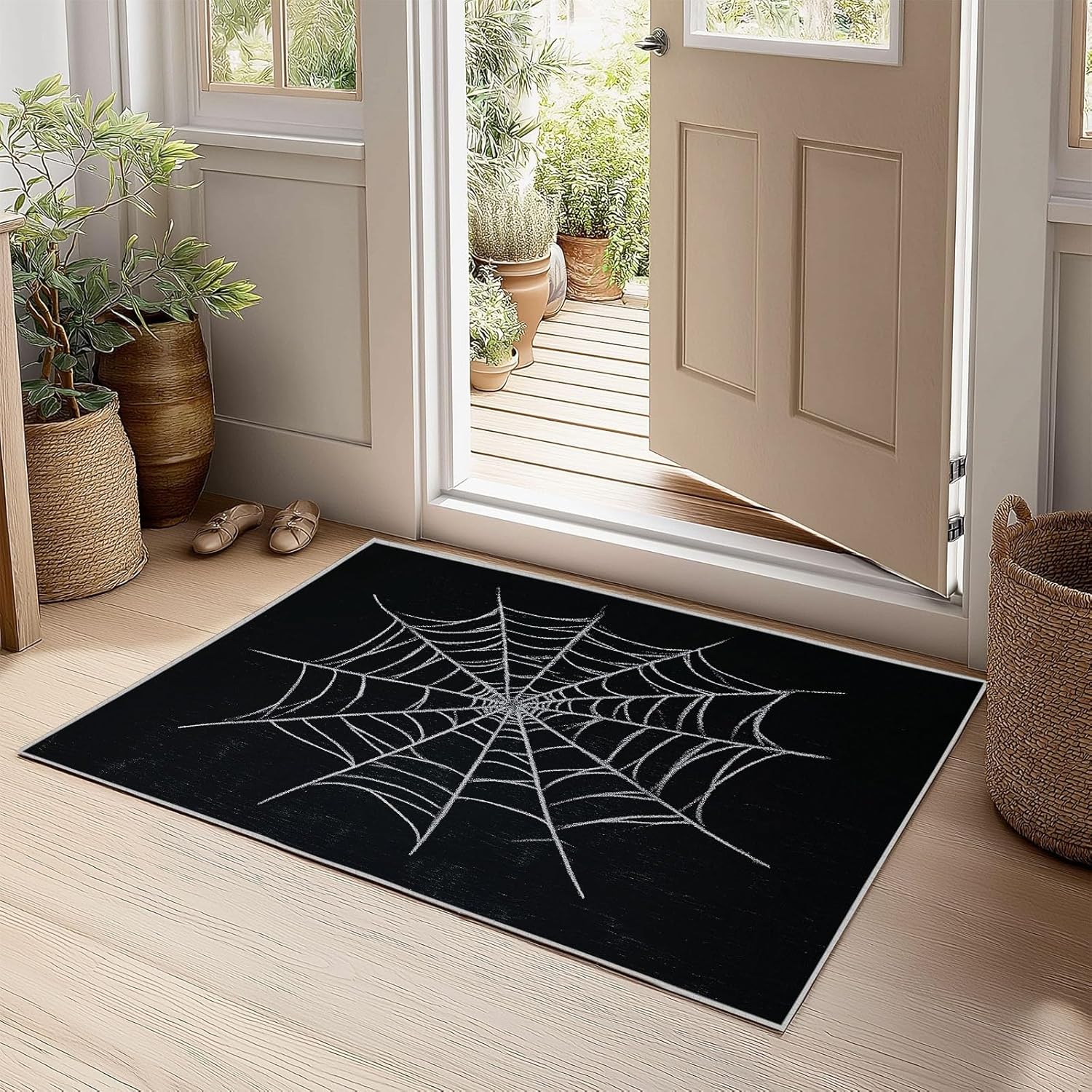 Vector Style Spider Web Area Rug 4 x 6 ft, Washable Non Slip Bedroom Carpet - Stain Resistant Black Indoor Area Rugs for Living Room Game Room Kitchen Entryway Home Decor