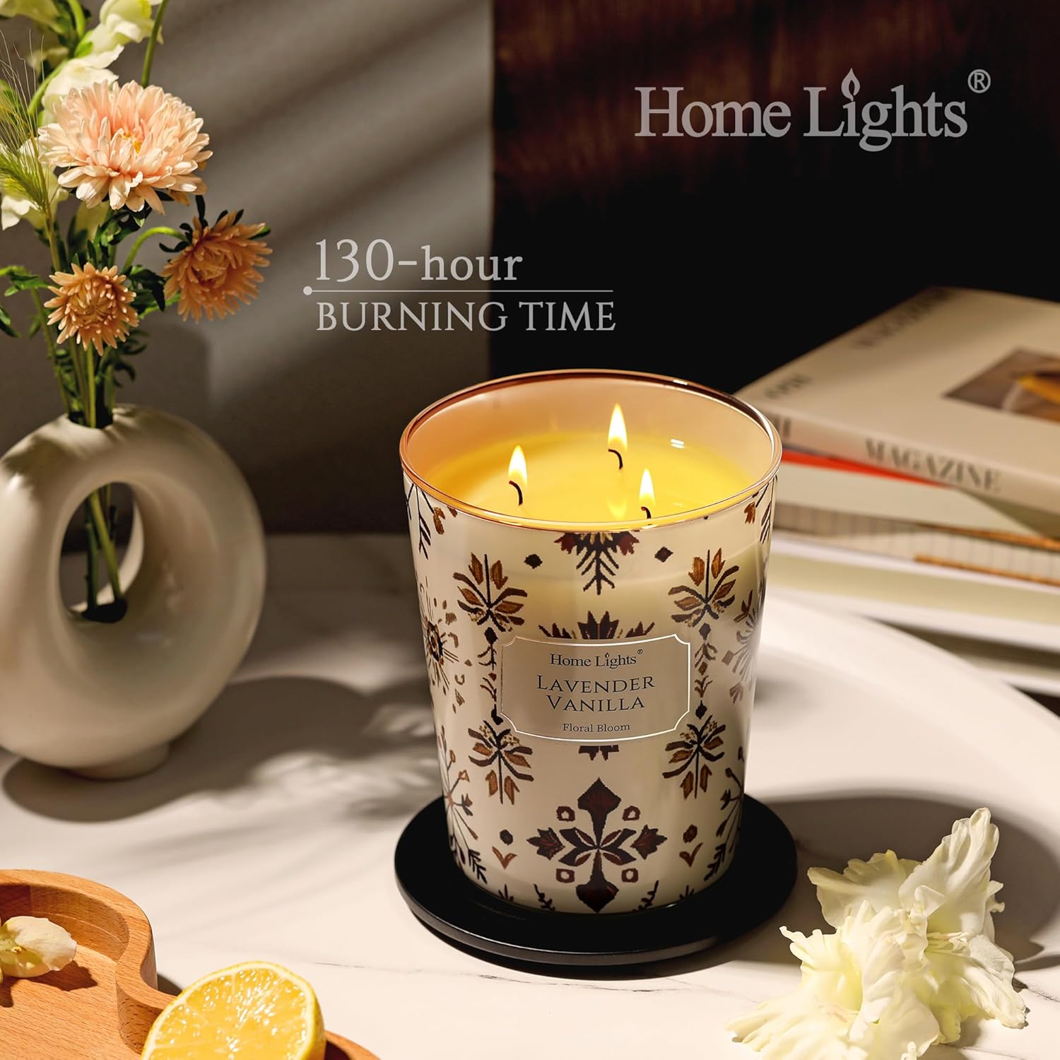 HomeLights Scented Candles | Large Jar 34 Oz Natural Soy Candle | 130 hrs Long-Lasting with 3 Wicks | Bohemian Natural for Home Decor | Gifts for Mom & Women, Lavender Vanilla - Image 4
