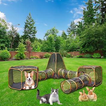 Pop Up Pet Tent Tunnel, Outdoor Cat and Dog Enclosure, 6-in-1 Composite Pet Playhouse for Cats, Rabbits, Ferrets, Small Animals