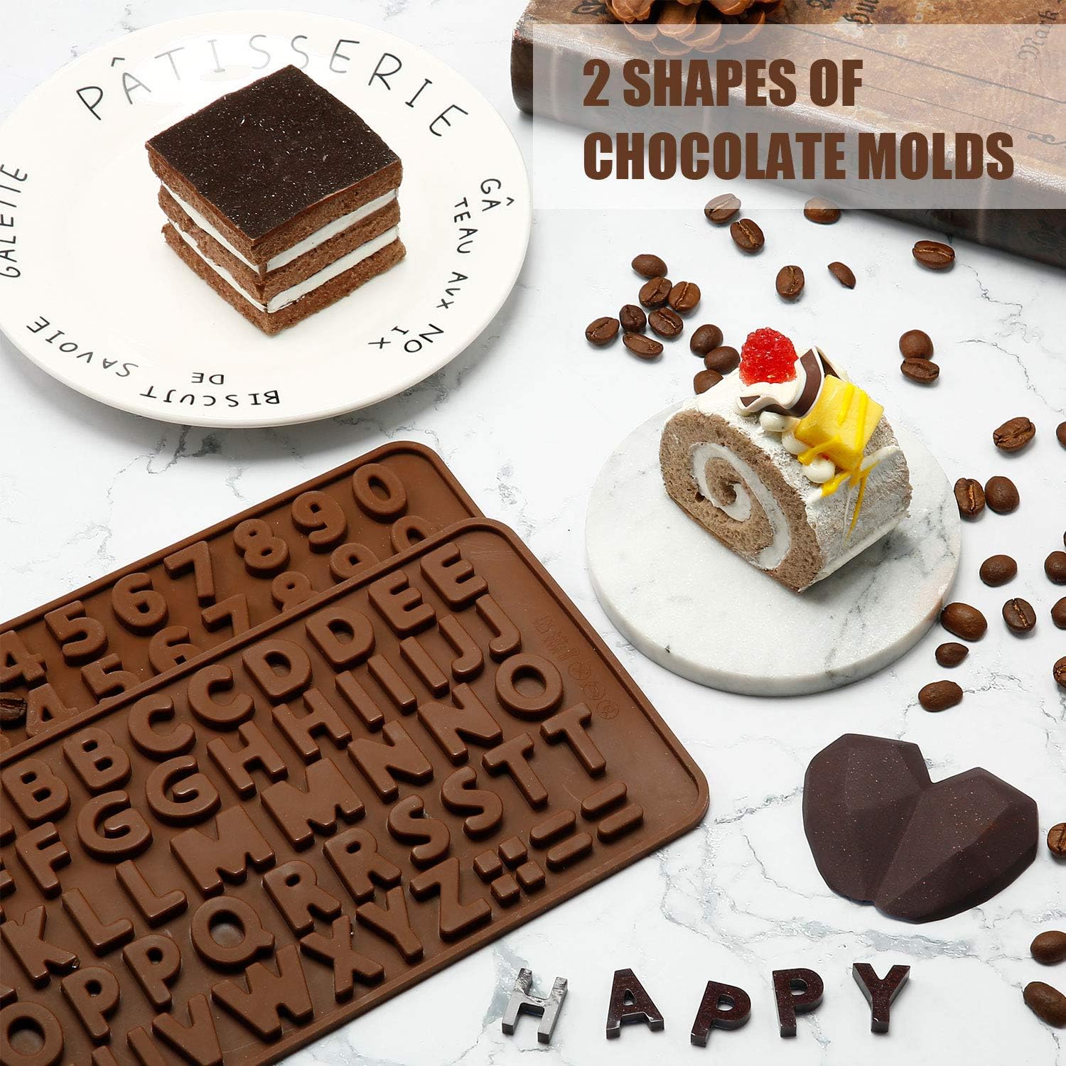 8.7 Inch Diamond Heart Mousse Silicone Cake Mold Tray, 8 Cavities Heart Diamond Shaped Cake Mold Tray, 2 Pieces Chocolate Mold Letter Number Shaped Mold and 4 Pieces Wooden Hammer for Valentine's Day